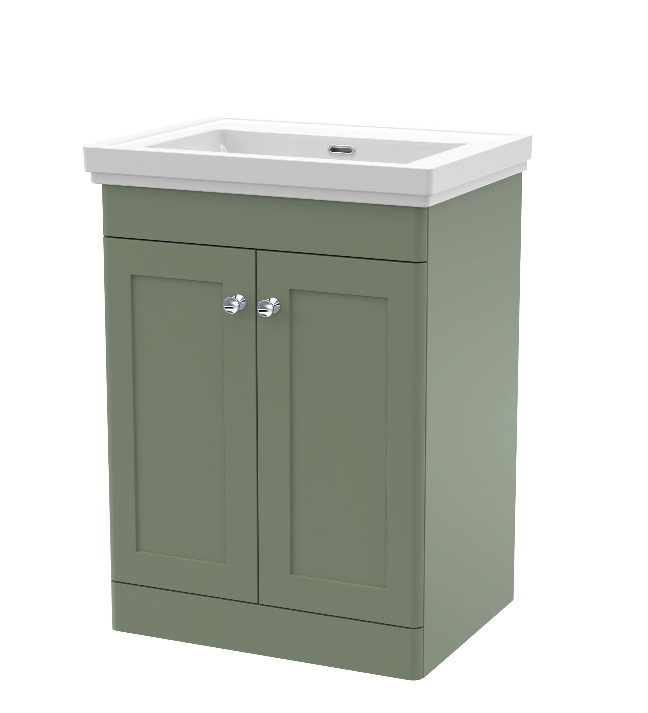 Nuie Classique Floor Standing 2 Door Vanity Unit without Tap Hole Fireclay Basin, Contemporary Sink Vanity Unit in Satin Green with White Basin, 600mm