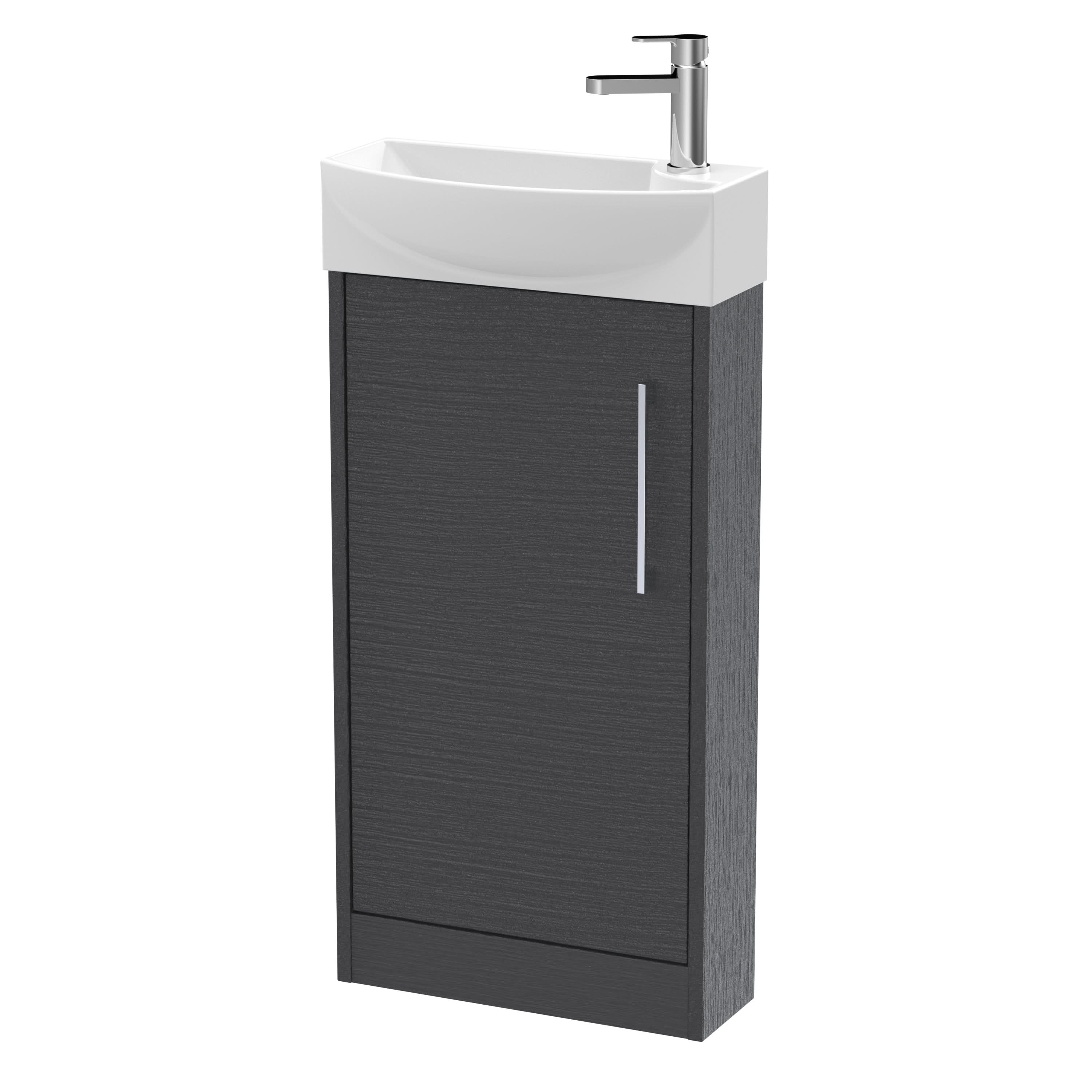 Hudson Reed Juno Compact Floor Standing Single Door Unit and 1 Tap Hole Basin, Left Hand Cloakroom Sink Vanity Unit, Graphite Grey Woodgrain, 440mm