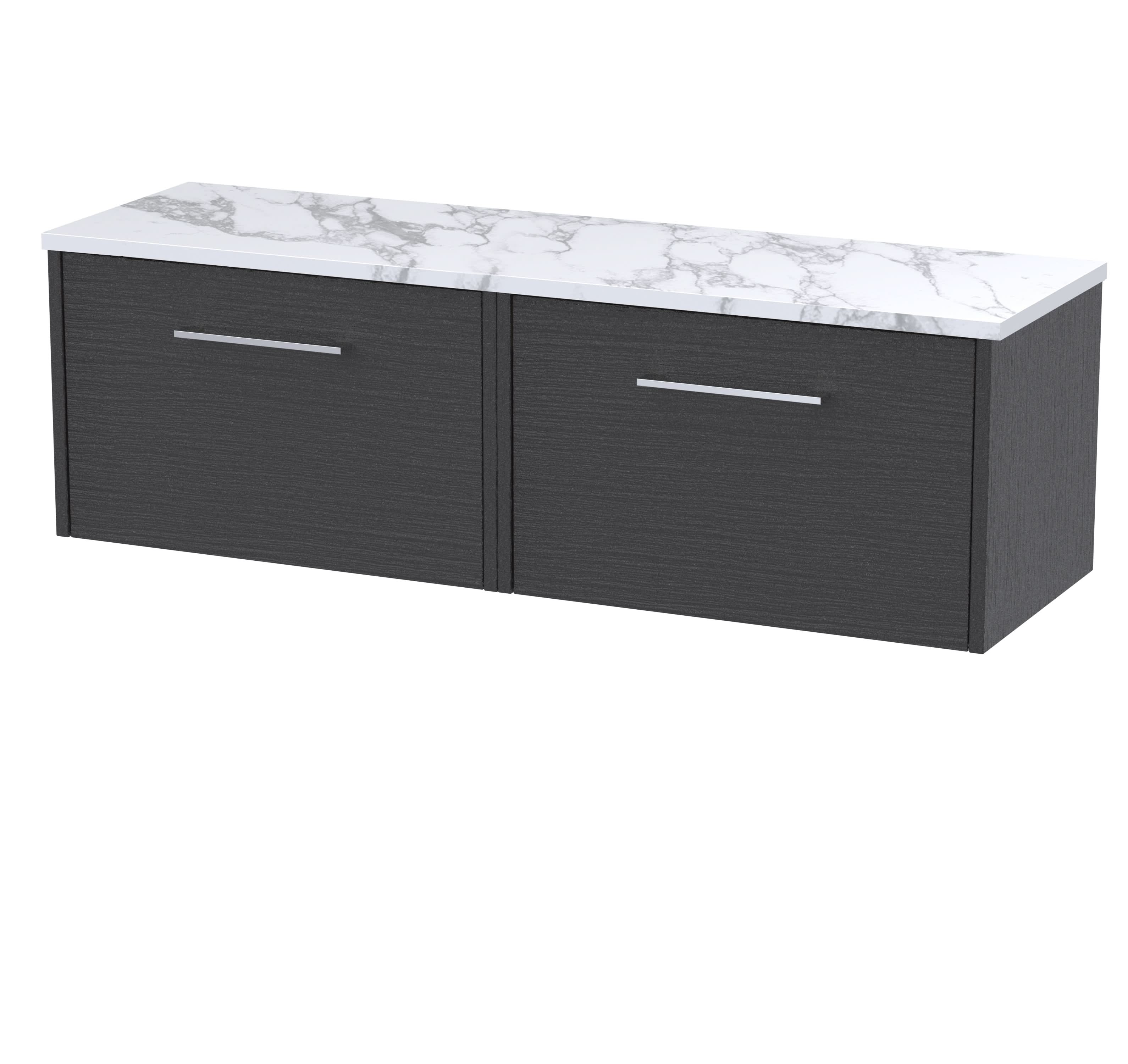 Hudson Reed Juno Wall Hung 1-Drawer Vanity Unit & Carrera Marble Worktop, Countertop Basin Unit in Graphite Grey Woodgrain, 600mm