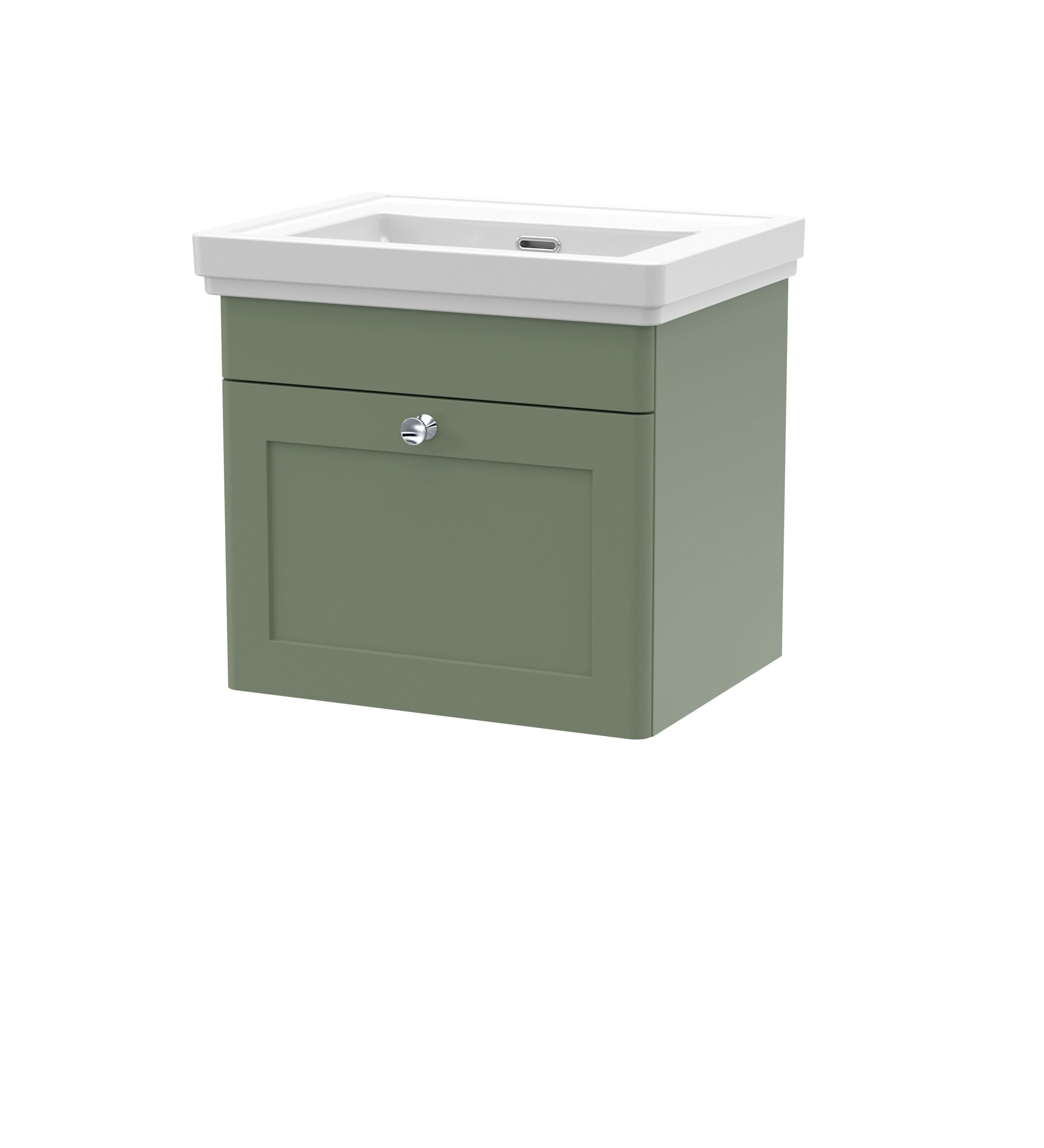 Nuie Classique Wall Hung 1 Drawer Vanity Unit without Tap Hole Fireclay Basin, Stylish Sink Vanity Unit in Satin Green with White Basin, 500mm