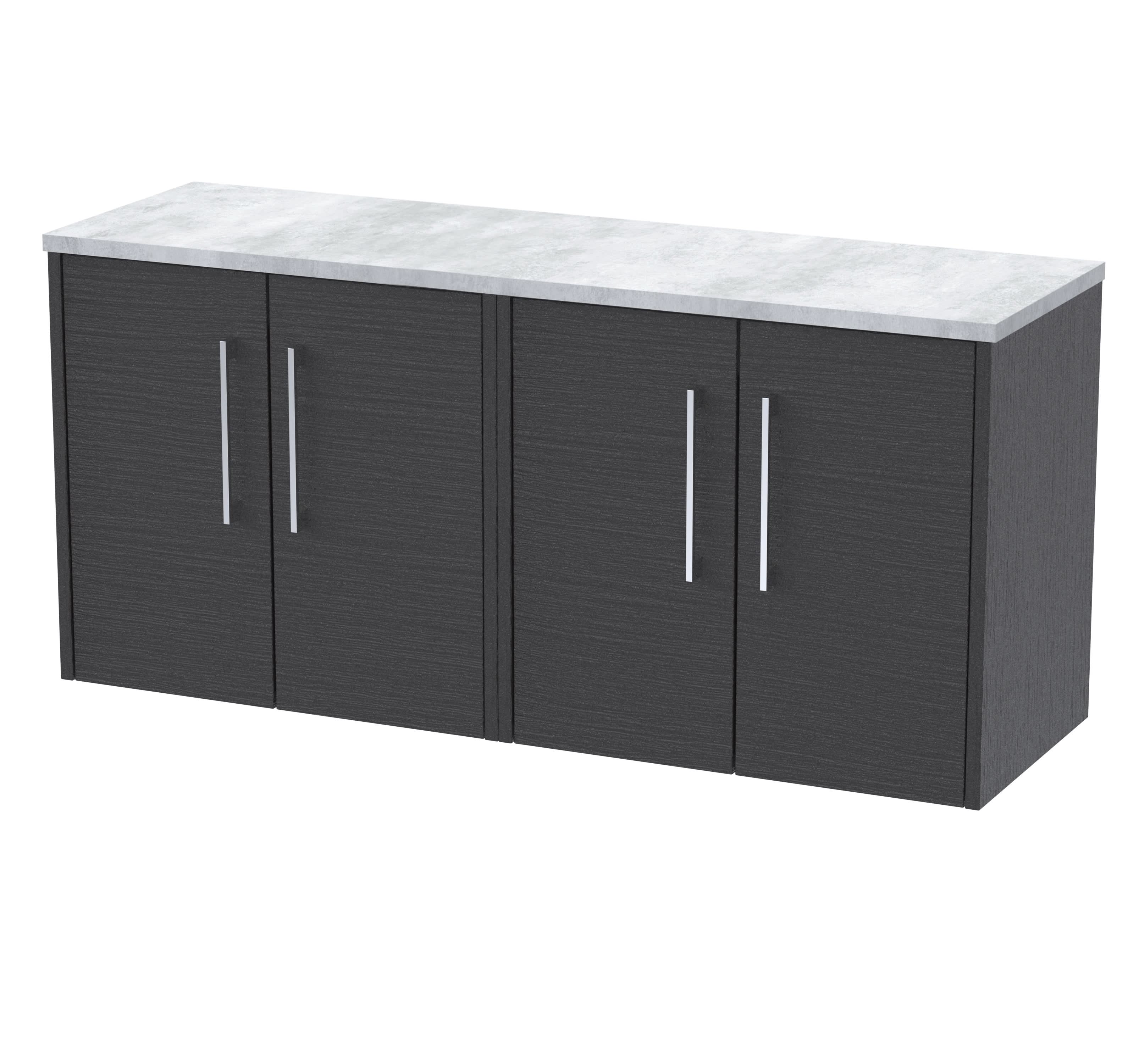 Hudson Reed Juno Wall Hung 4-Door Vanity Unit & Bellato Grey Worktop, Countertop Basin Unit in Graphite Grey Woodgrain, 1200mm