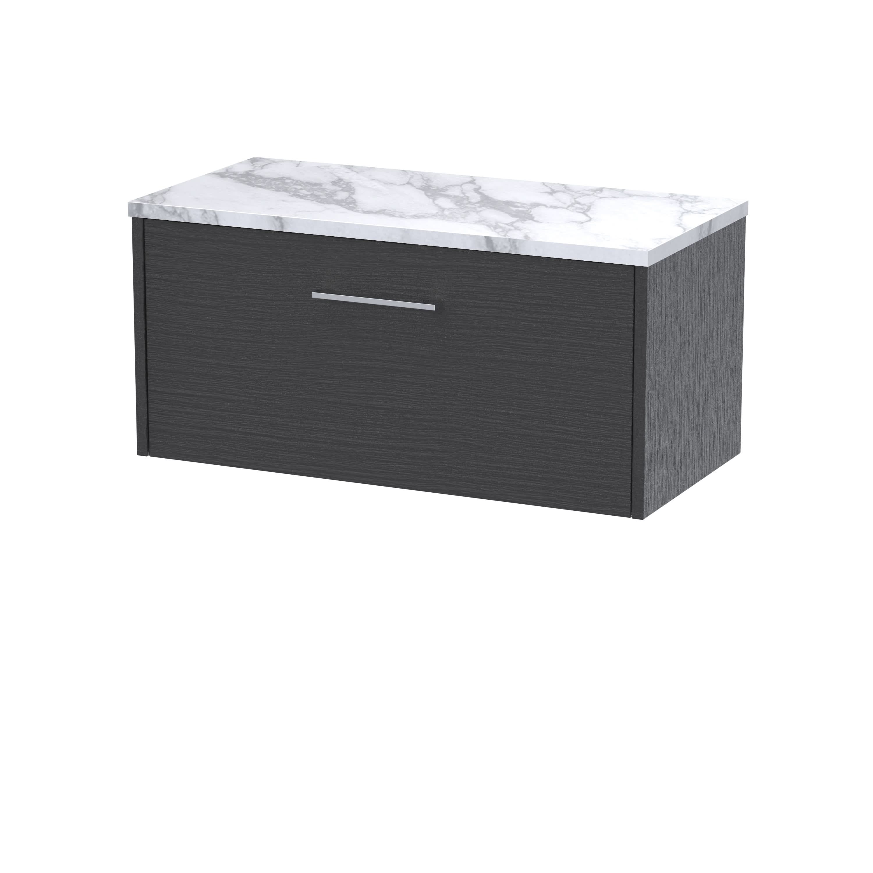 Hudson Reed Juno Wall Hung 1-Drawer Vanity Unit & Carrera Marble Worktop, Countertop Basin Unit in Graphite Grey Woodgrain, 800mm