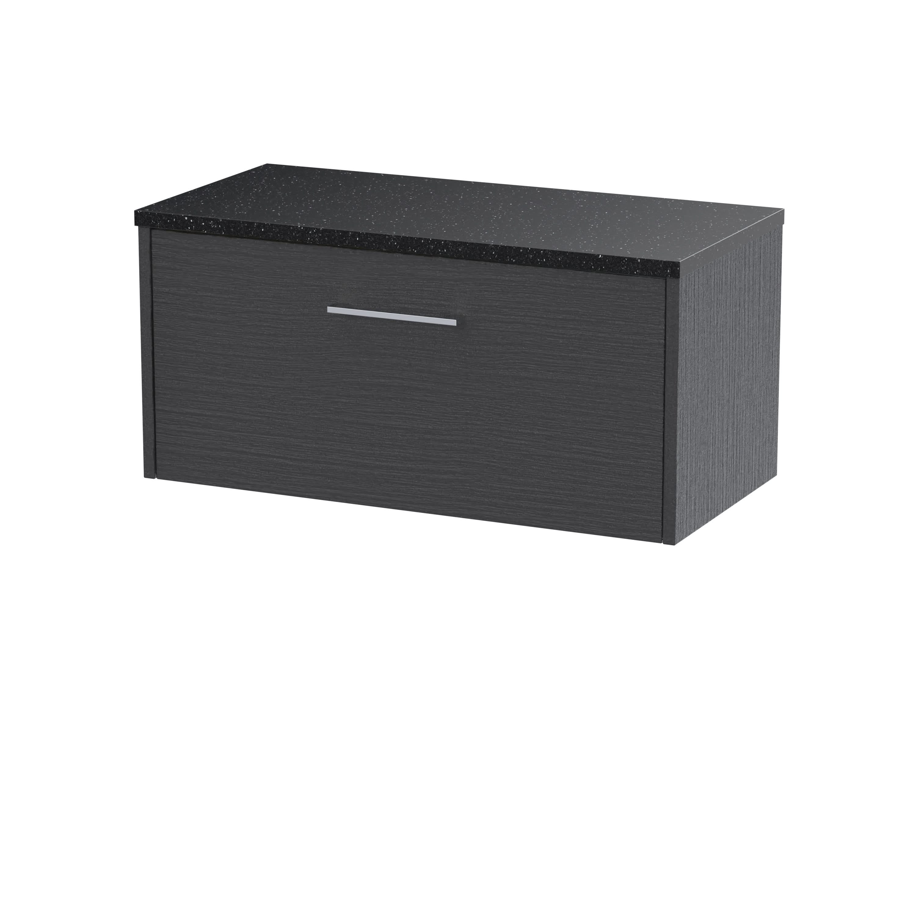 Hudson Reed Juno Wall Hung 1-Drawer Vanity Unit & Black Worktop, Sleek Countertop Basin Unit in Graphite Grey Woodgrain, 800mm