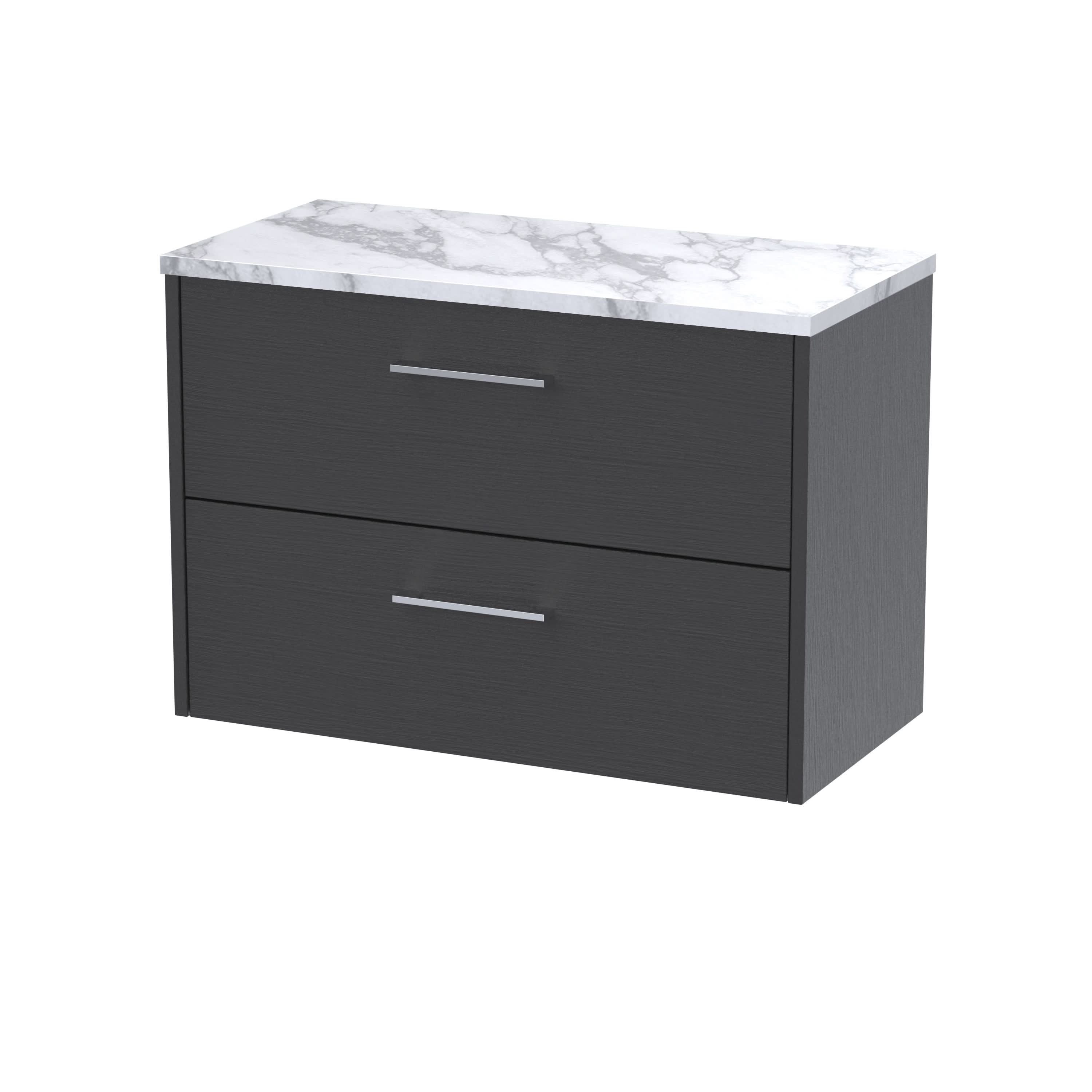 Hudson Reed Juno Wall Hung 2-Drawer Vanity Unit & Carrera Marble Worktop, Countertop Basin Unit in Graphite Grey Woodgrain, 800mm