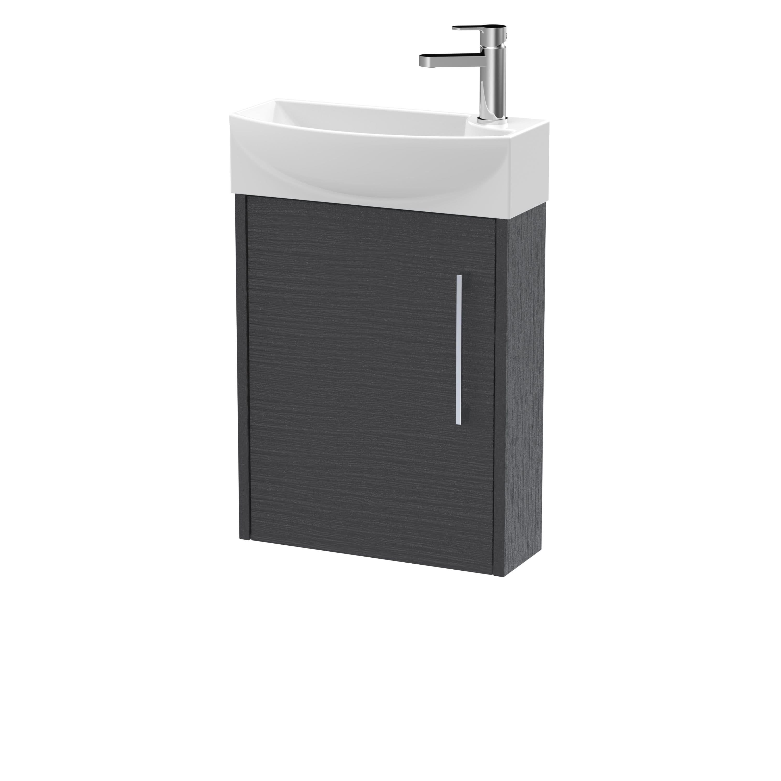 Hudson Reed Juno Compact Wall Hung Single Door Unit and 1 Tap Hole Basin, Left Hand Cloakroom Sink Vanity Unit, Graphite Grey Woodgrain, 440mm