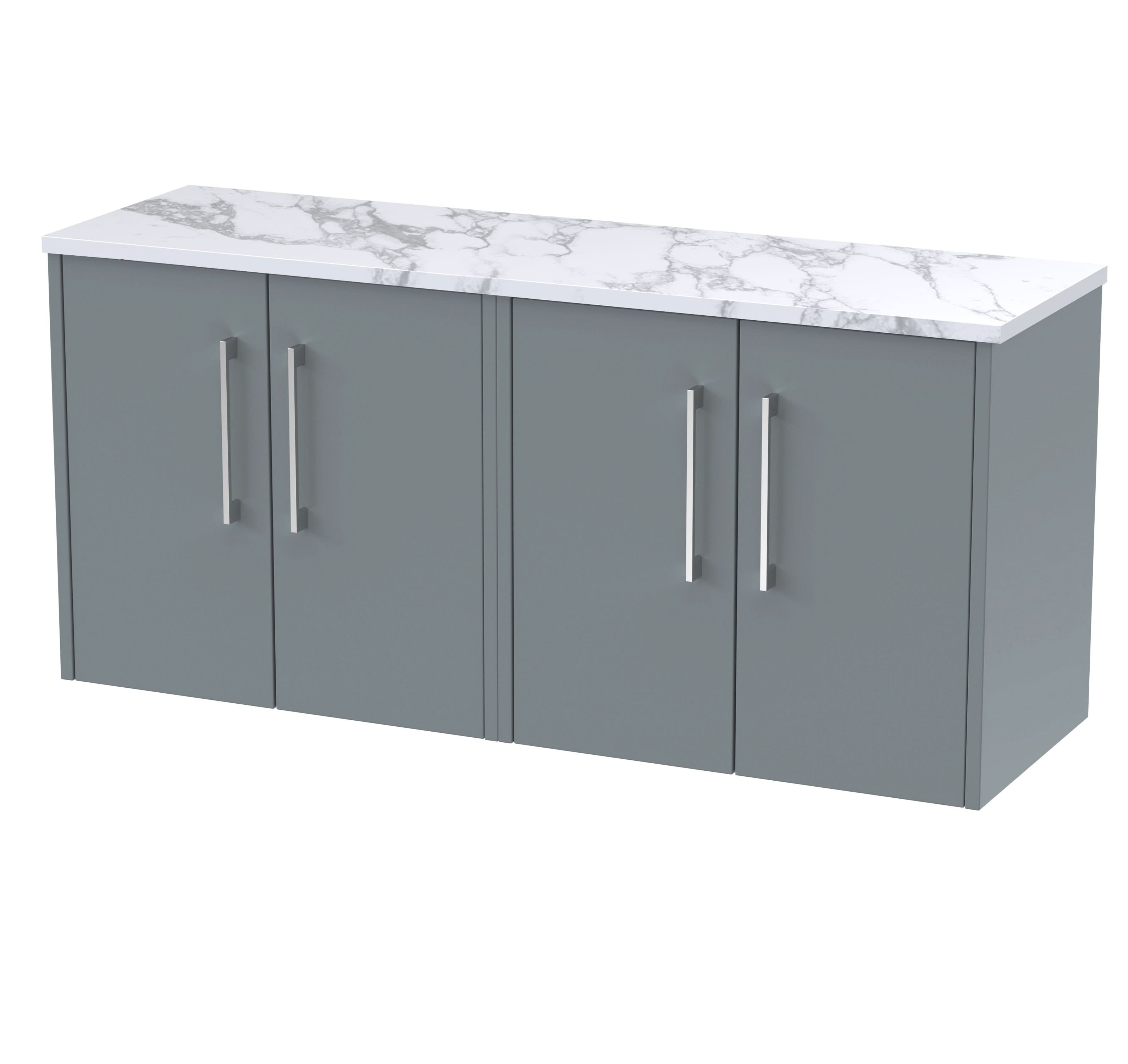 Hudson Reed Juno Wall Hung 4-Door Vanity Unit & Carrera Marble Worktop, Stylish Countertop Basin Unit in Coastal Grey, 1200mm