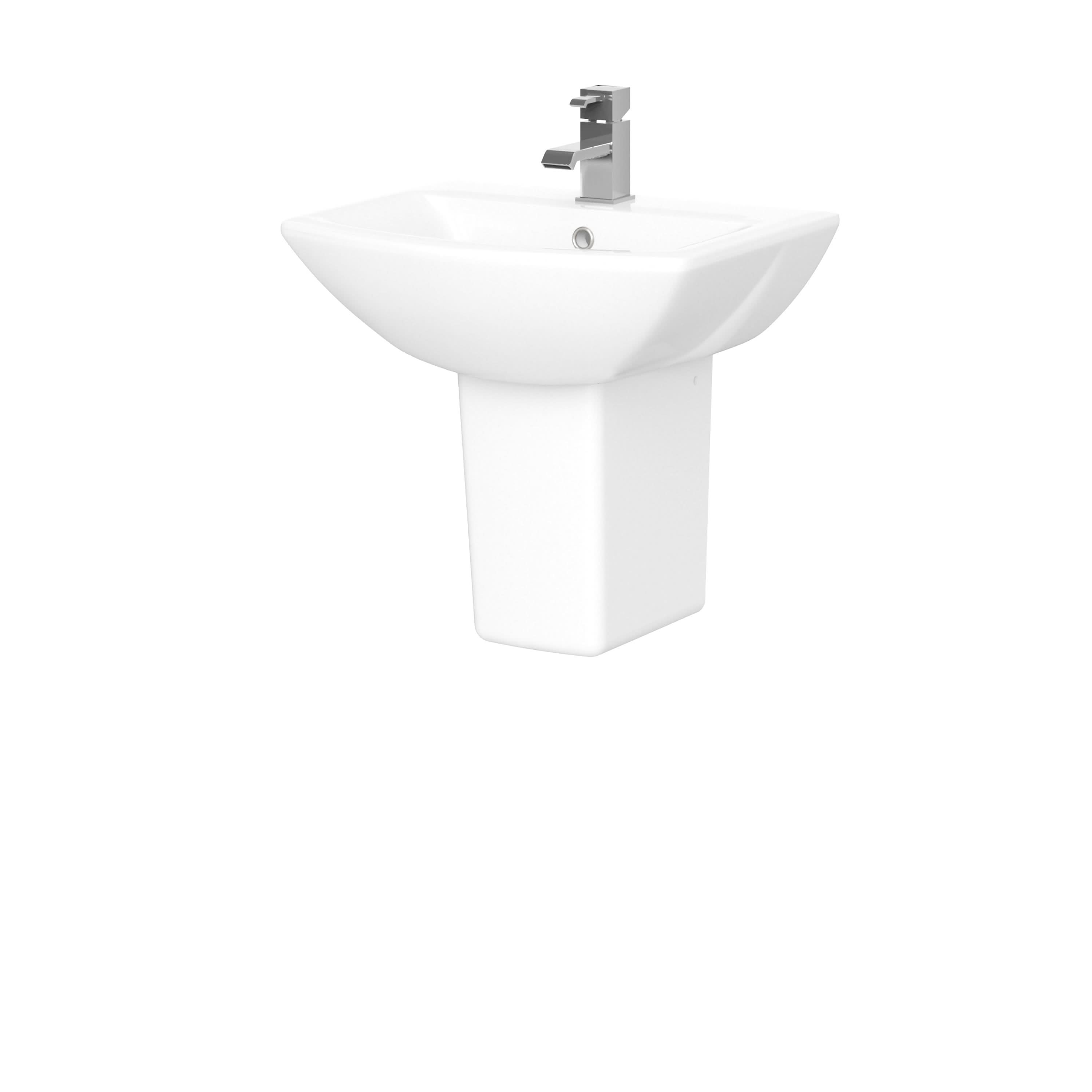 The Nuie Asselby 500mm Basin With Semi Pedestal features a modern rectangular design, single tap hole, and white finish from the Nuie brand, shown isolated on a white background.