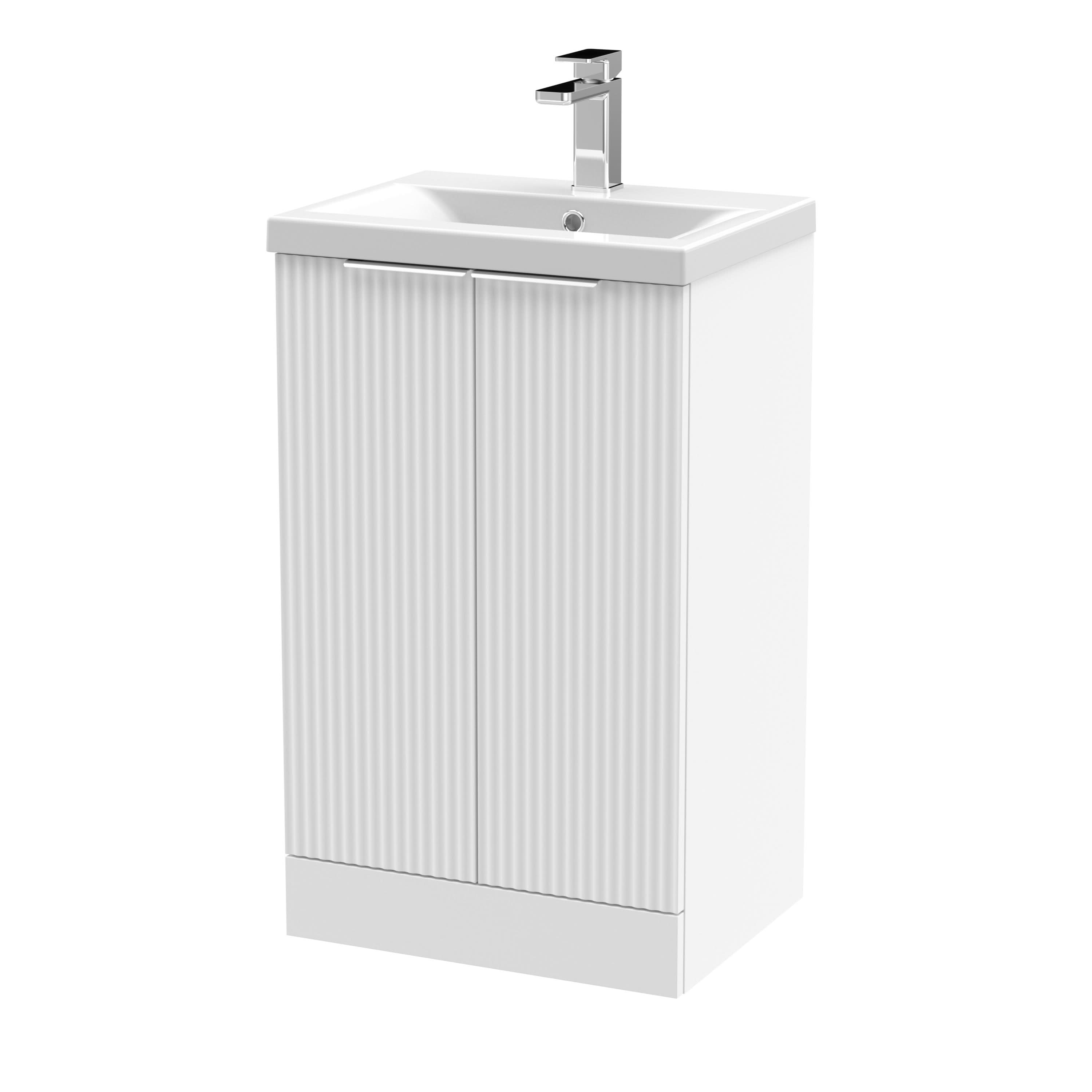 Hudson Reed Fluted Floor Standing 2-Door Vanity and Mid-Edge Basin, Contemporary Sink Vanity Unit, Satin White, 500mm