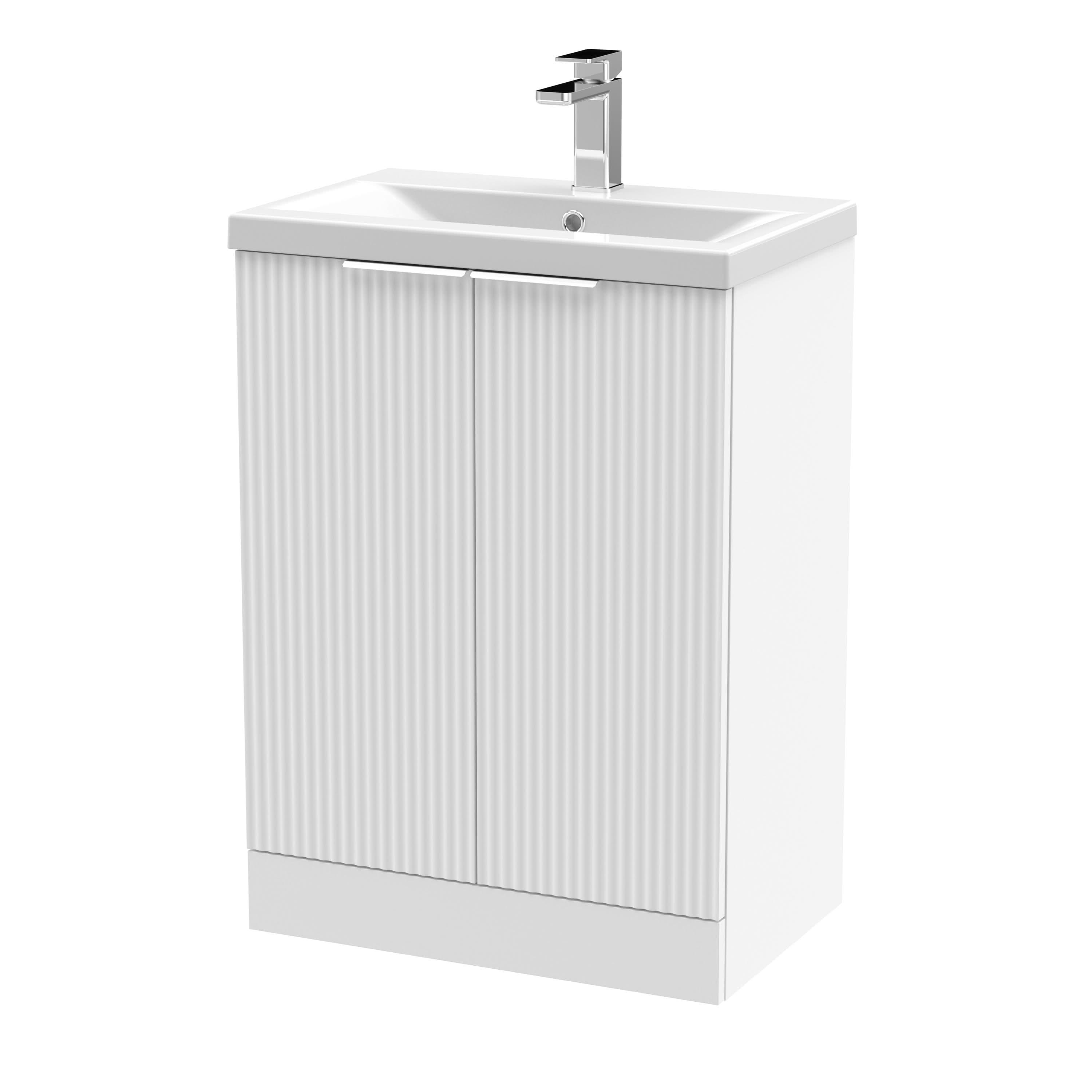 Hudson Reed Fluted Floor Standing 2-Door Vanity and Mid-Edge Basin, Contemporary Sink Vanity Unit, Satin White, 600mm