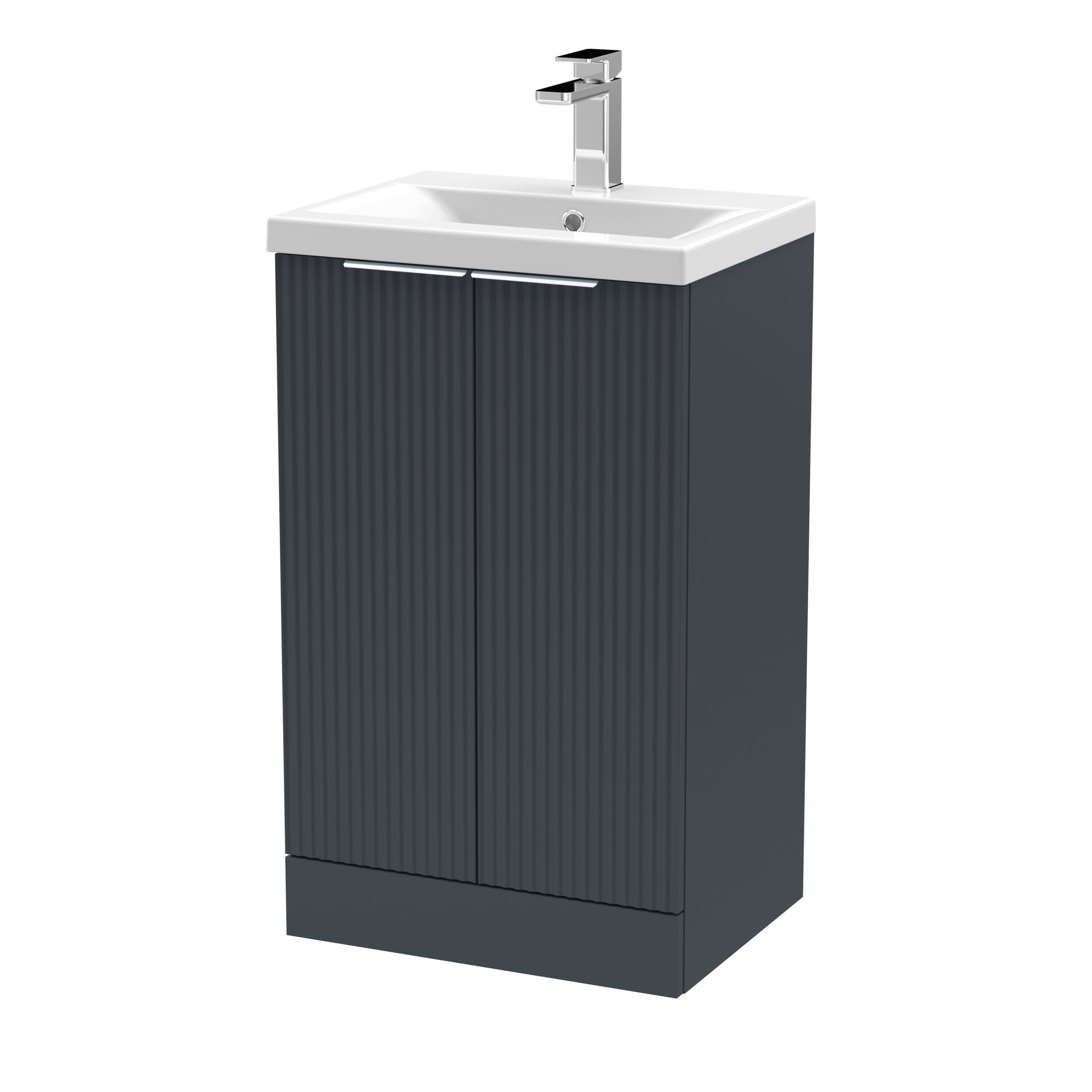 Hudson Reed Fluted Floor Standing 2-Door Vanity and Mid-Edge Basin, Contemporary Sink Vanity Unit, Soft Black, 500mm