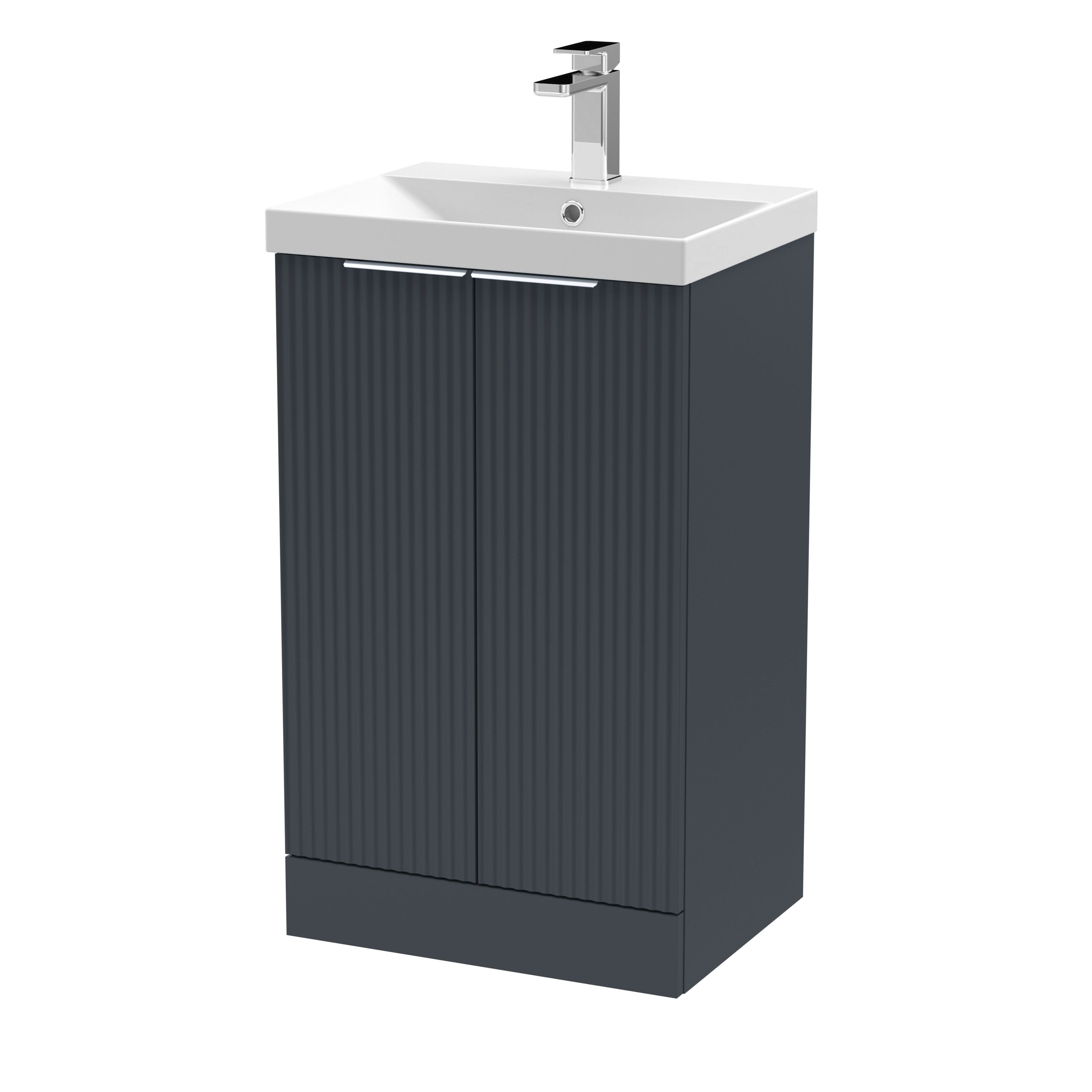 Hudson Reed Fluted Floor Standing 2-Door Vanity and Thin-Edge Basin, Contemporary Sink Vanity Unit, Soft Black, 500mm