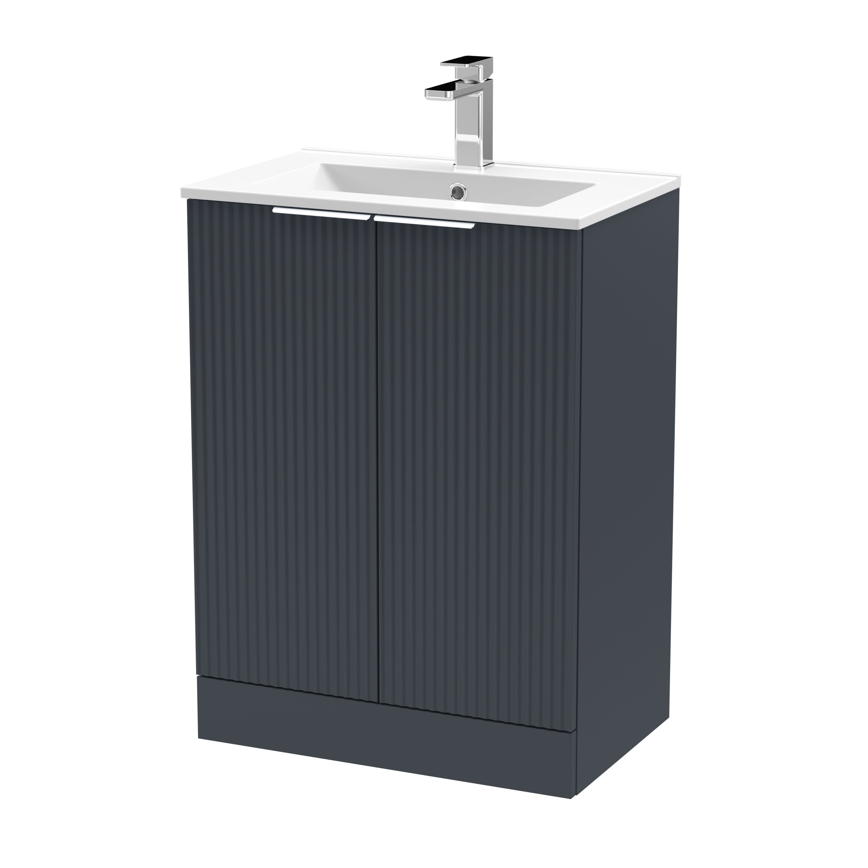 Hudson Reed Fluted Floor Standing 2-Door Vanity and Minimalist Basin, Contemporary Sink Vanity Unit, Soft Black, 600mm