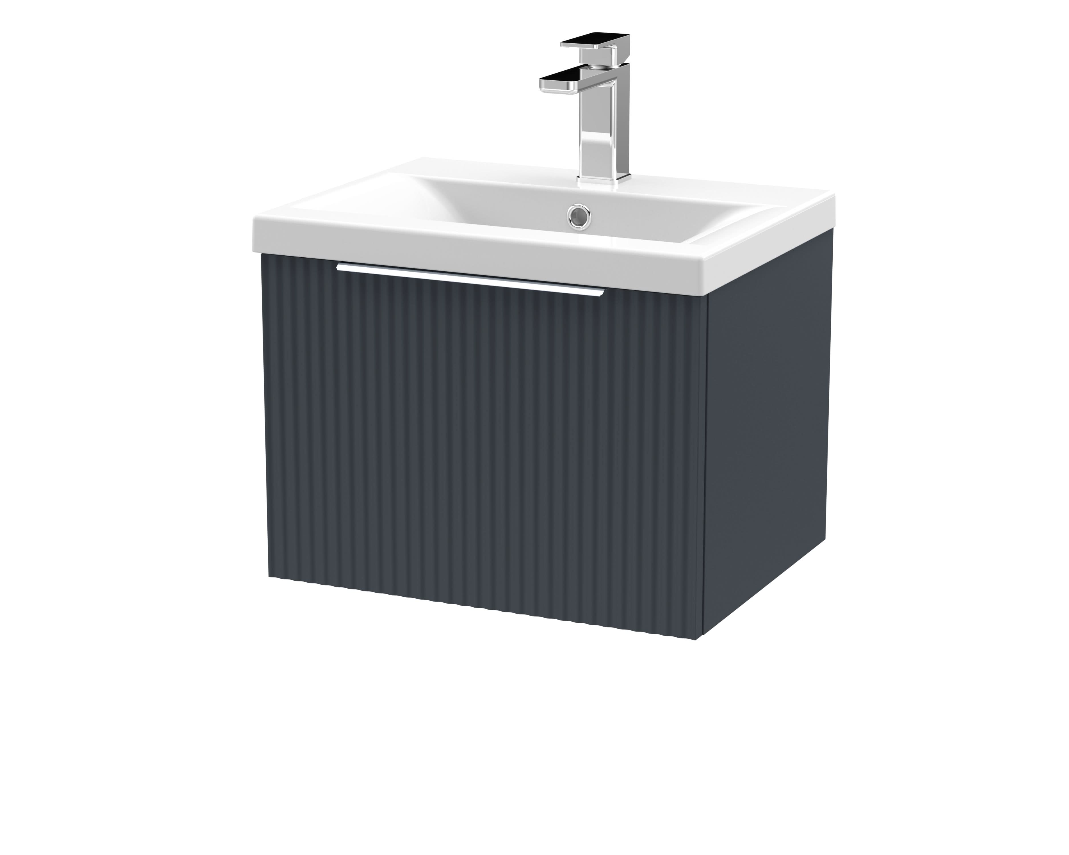 Hudson Reed Fluted Wall Hung 1-Drawer Vanity and Mid-Edge Basin, Contemporary Sink Vanity Unit, Soft Black, 500mm