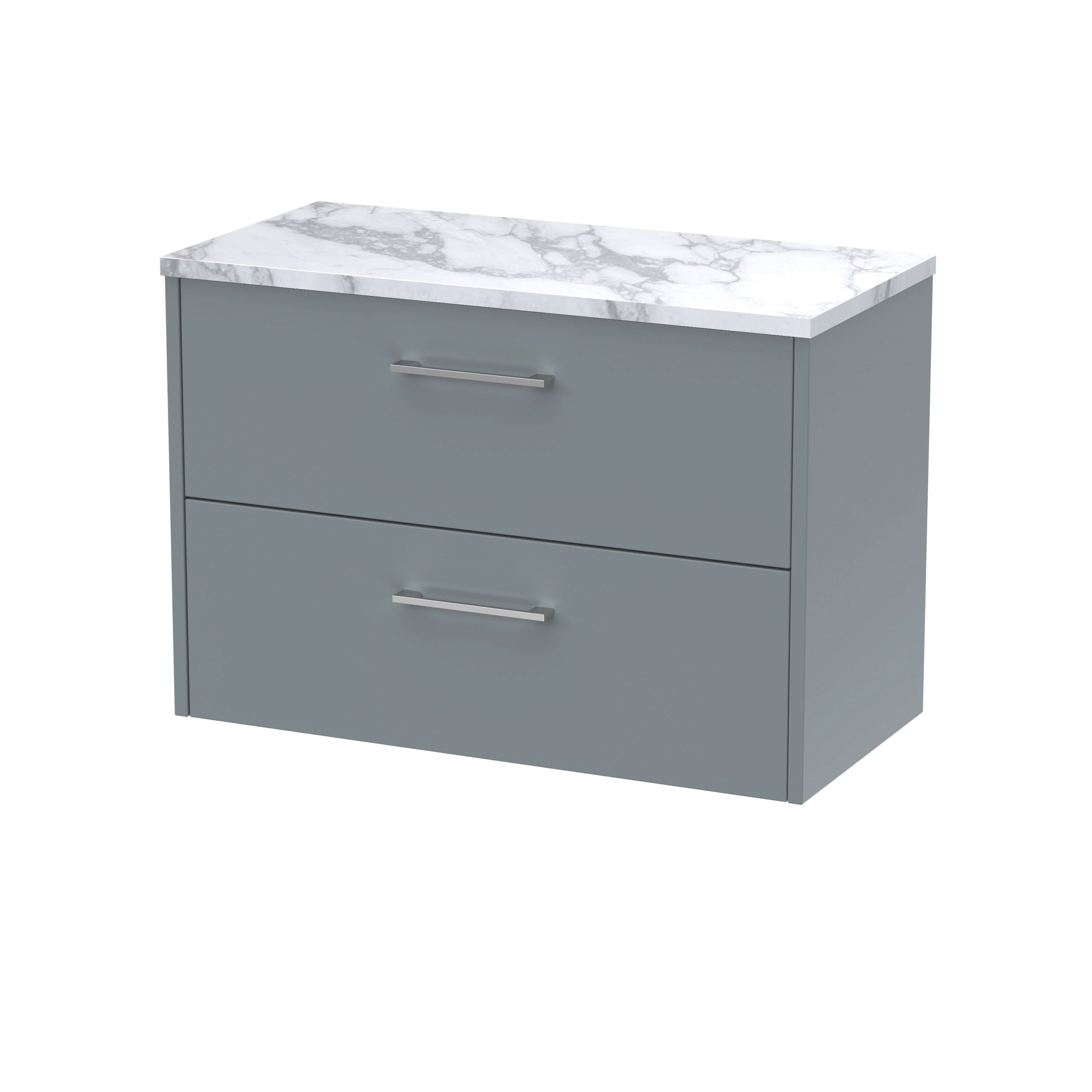 Hudson Reed Juno Wall Hung 2-Drawer Vanity Unit & Carrera Marble Worktop, Stylish Countertop Basin Unit in Coastal Grey, 800mm