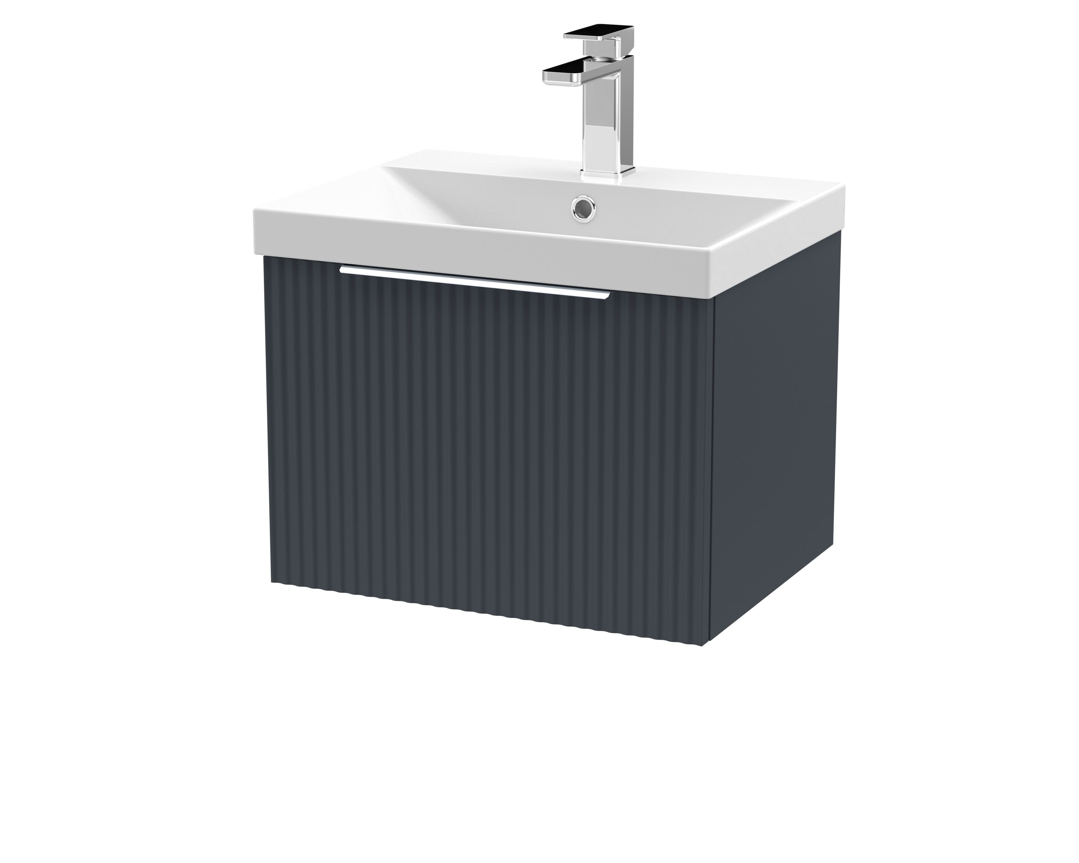 Hudson Reed Fluted Wall Hung 1-Drawer Vanity and Thin-Edge Basin, Contemporary Sink Vanity Unit, Soft Black, 500mm