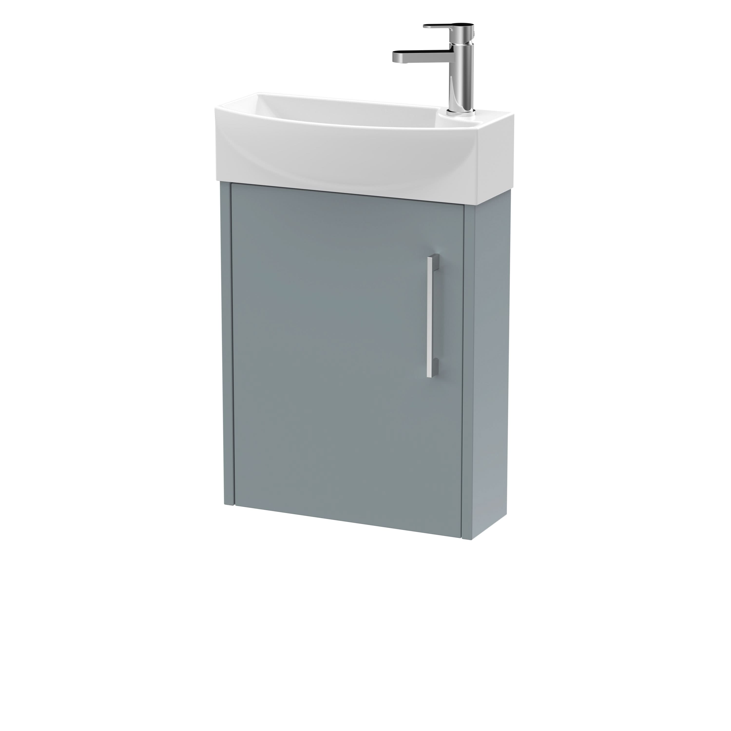 Hudson Reed Juno Compact Wall Hung Single Door Unit and 1 Tap Hole Basin, Left Hand Cloakroom Sink Vanity Unit, Coastal Grey, 840mm