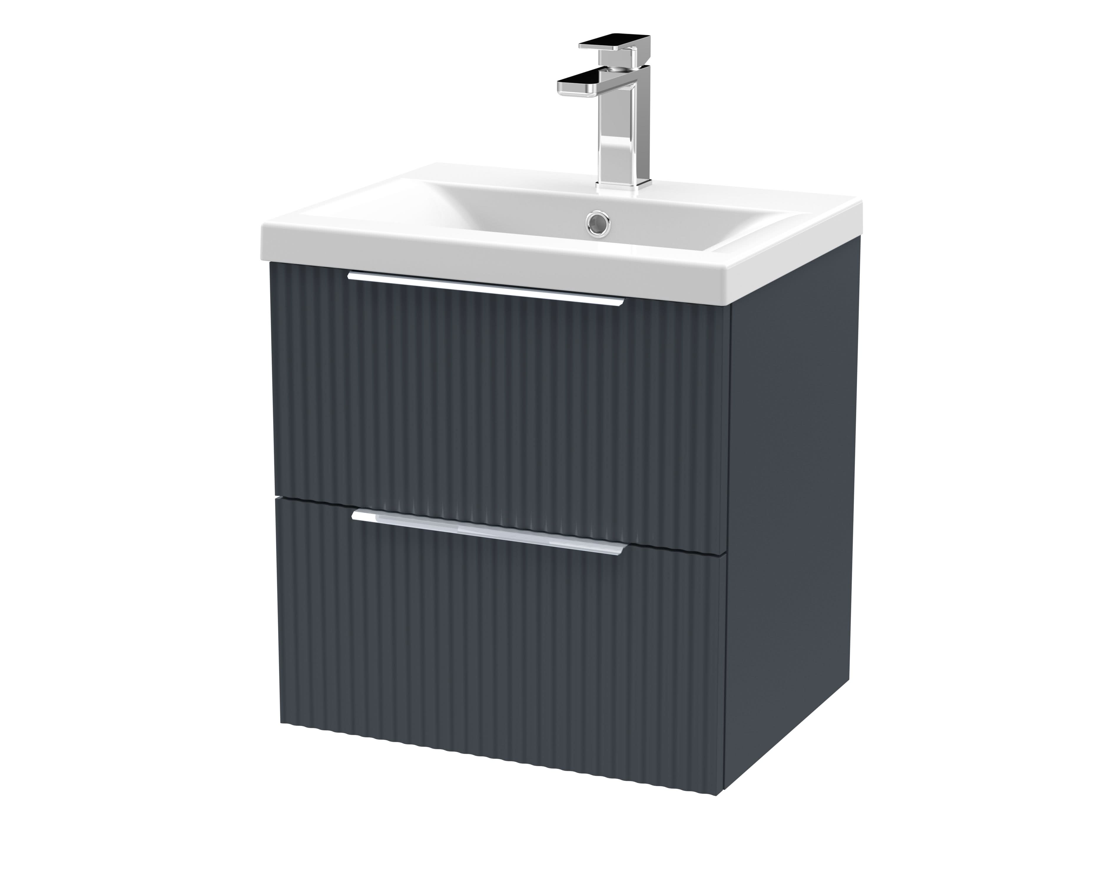 Hudson Reed Fluted Wall Hung 2-Drawer Vanity and Mid-Edge Basin, Contemporary Sink Vanity Unit, Soft Black, 500mm