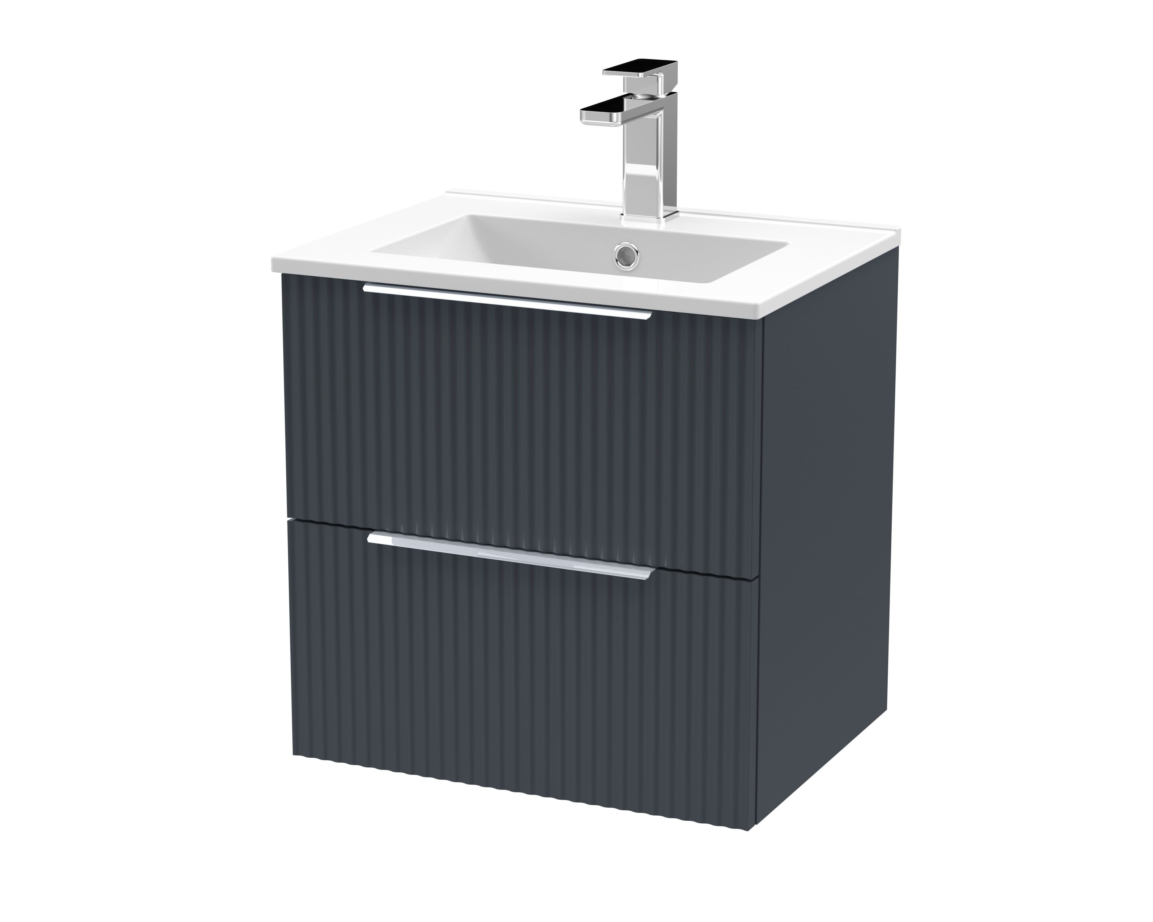 Hudson Reed Fluted Wall Hung 2-Drawer Vanity and Minimalist Basin, Contemporary Sink Vanity Unit, Soft Black, 500mm