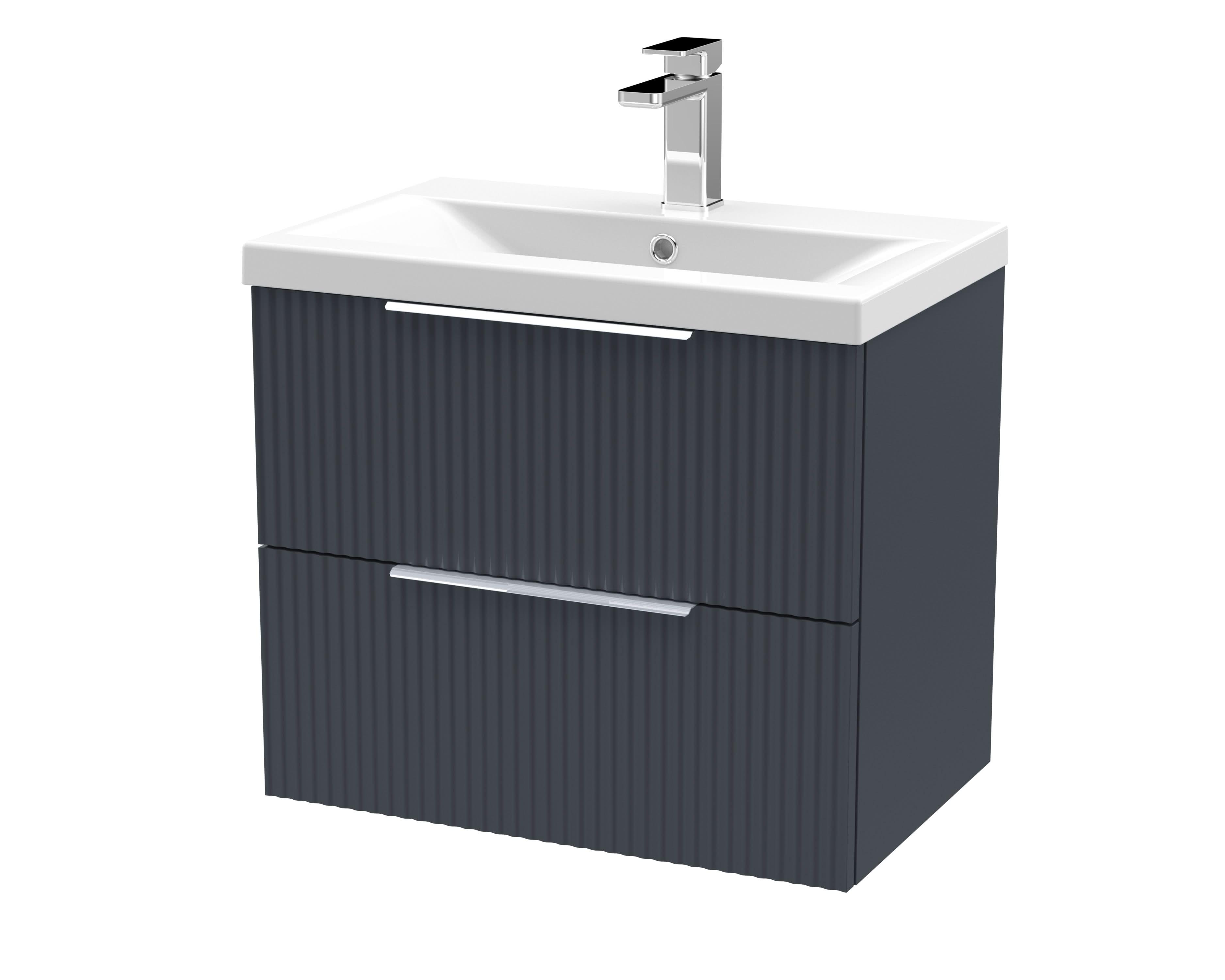 Hudson Reed Fluted Wall Hung 2-Drawer Vanity and Mid-Edge Basin, Contemporary Sink Vanity Unit, Soft Black, 600mm