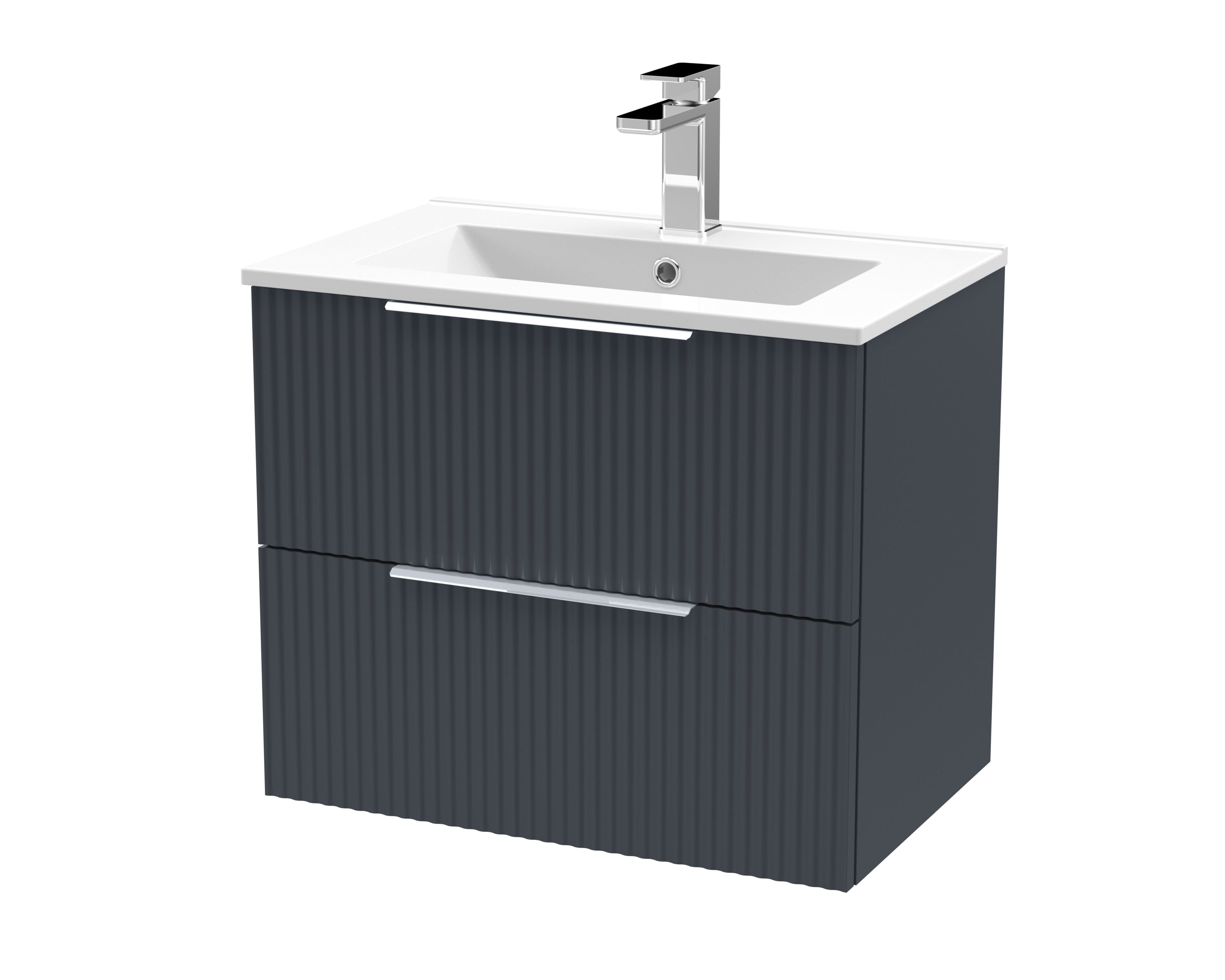 Hudson Reed Fluted Wall Hung 2-Drawer Vanity and Minimalist Basin, Contemporary Sink Vanity Unit, Soft Black, 600mm