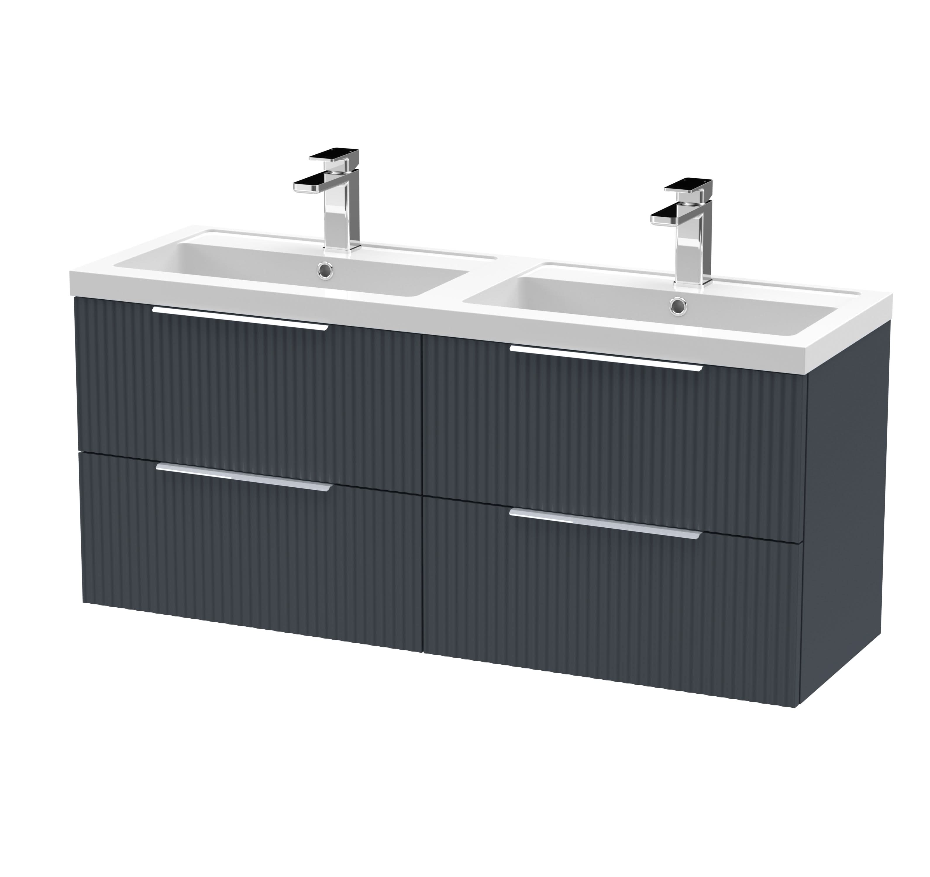 Hudson Reed Fluted Wall Hung 4-Drawer Vanity and Double Polymarble Basin, Contemporary Sink Vanity Unit, Soft Black, 1200mm