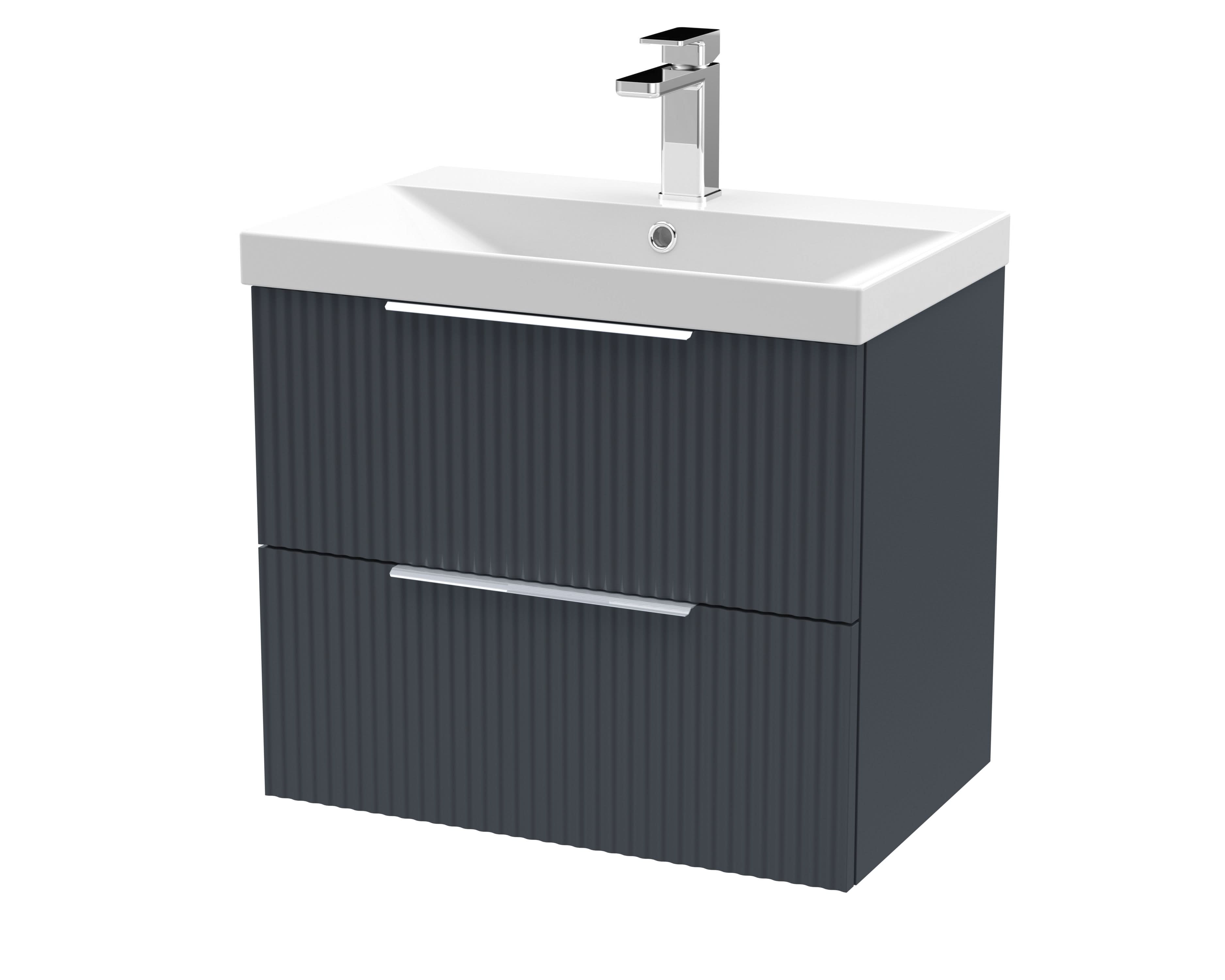 Hudson Reed Fluted Wall Hung 2-Drawer Vanity and Thin-Edge Basin, Contemporary Sink Vanity Unit, Soft Black, 600mm