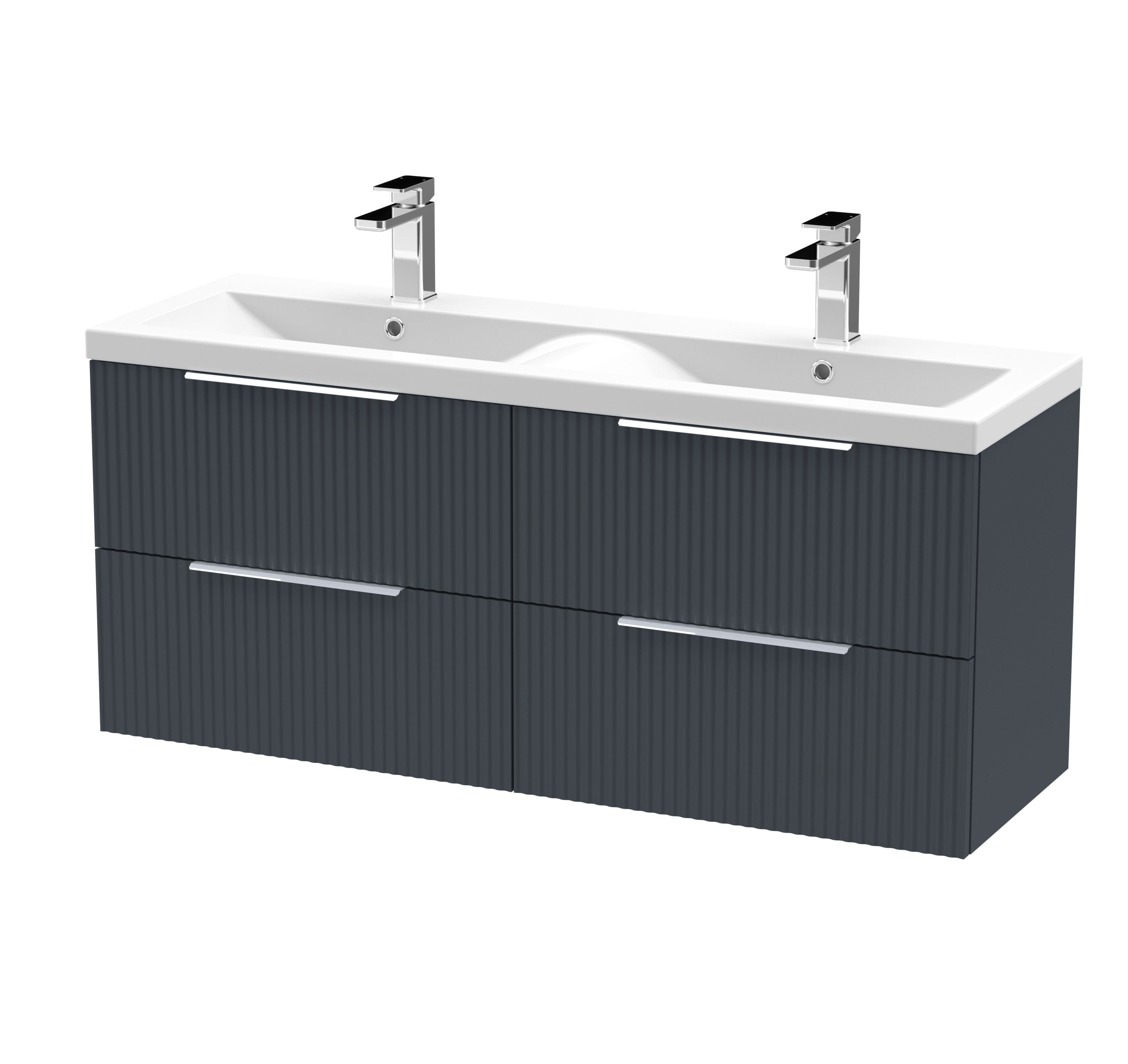 Hudson Reed Fluted Wall Hung 4-Drawer Vanity and Double Ceramic Basin, Contemporary Sink Vanity Unit, Soft Black, 1200mm