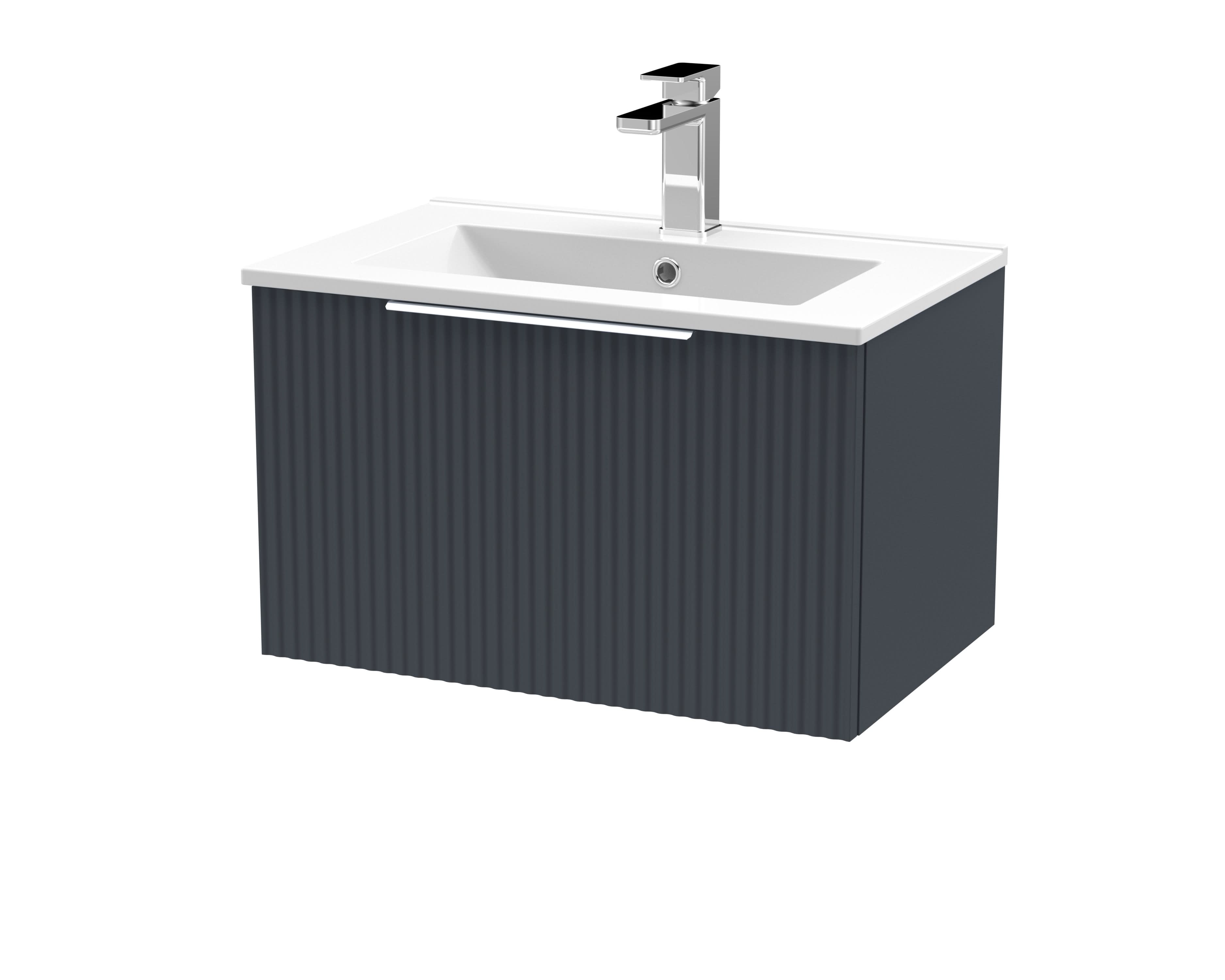 Hudson Reed Fluted Wall Hung 1-Drawer Vanity and Minimalist Basin, Contemporary Sink Vanity Unit, Soft Black, 600mm