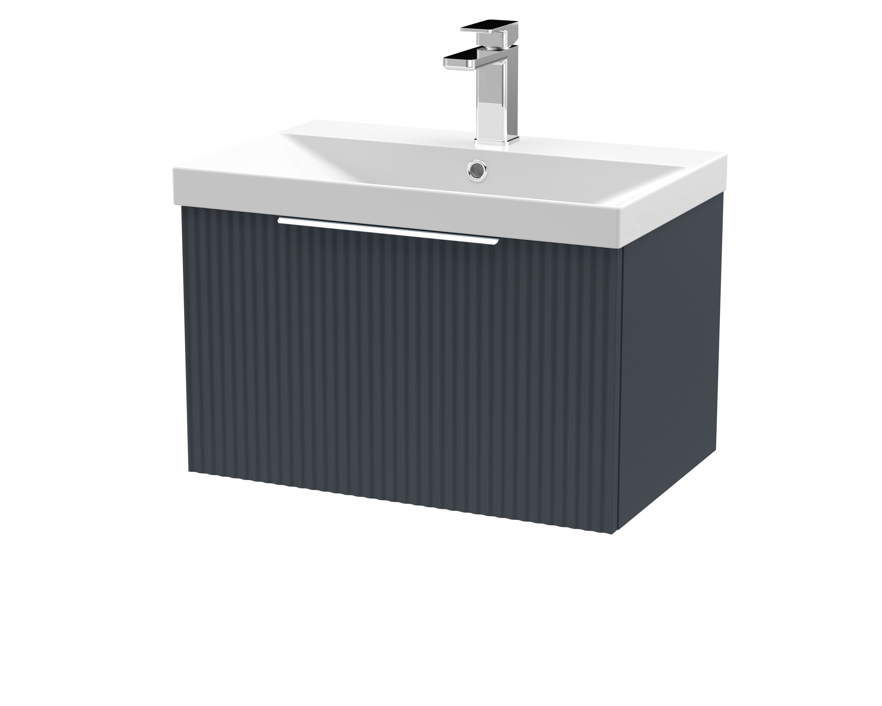 Hudson Reed Fluted Wall Hung 1-Drawer Vanity and Thin-Edge Basin, Contemporary Sink Vanity Unit, Soft Black, 600mm