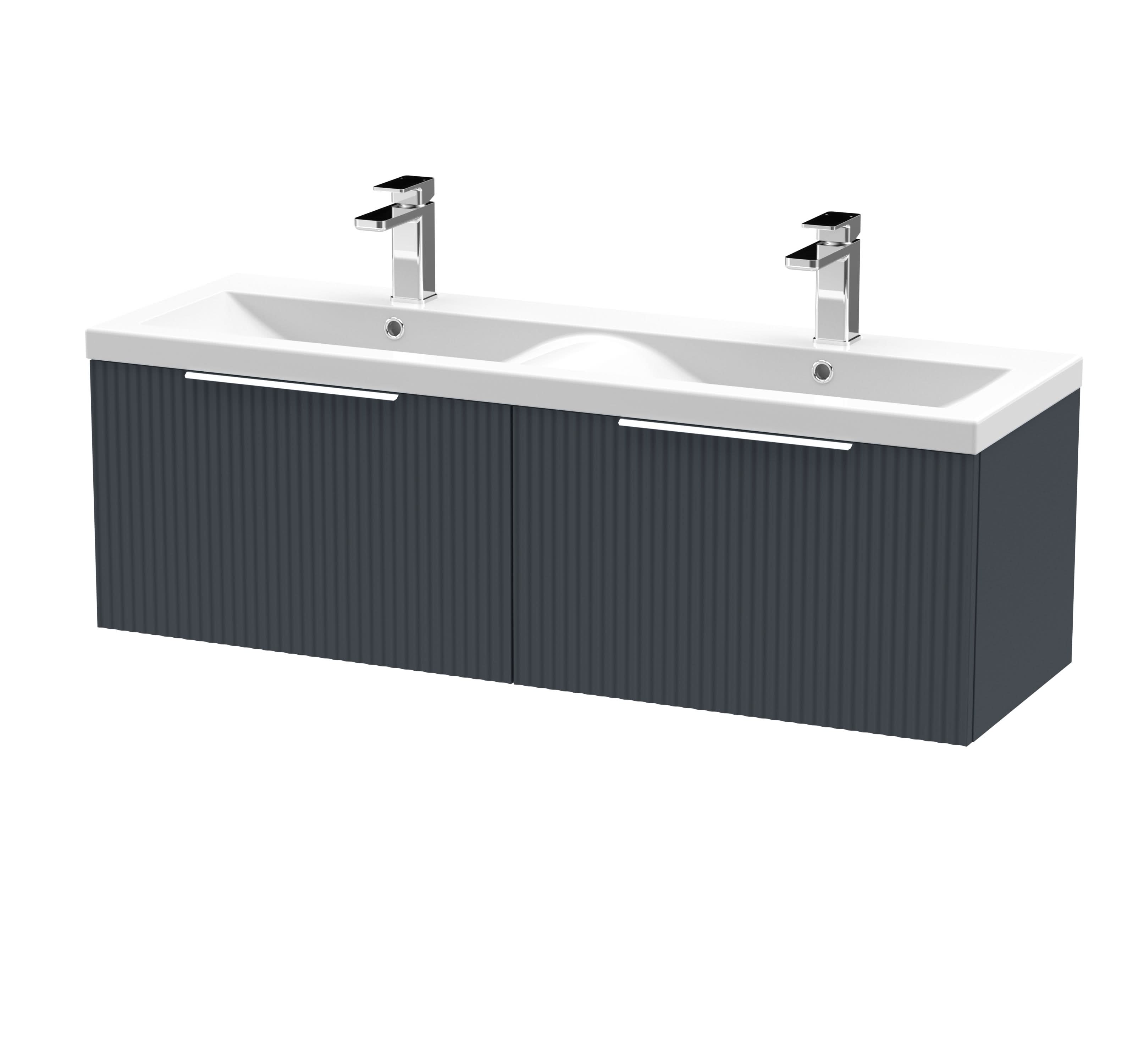 Hudson Reed Fluted Wall Hung 2-Drawer Vanity and Double Ceramic Basin, Contemporary Sink Vanity Unit, Soft Black, 1200mm