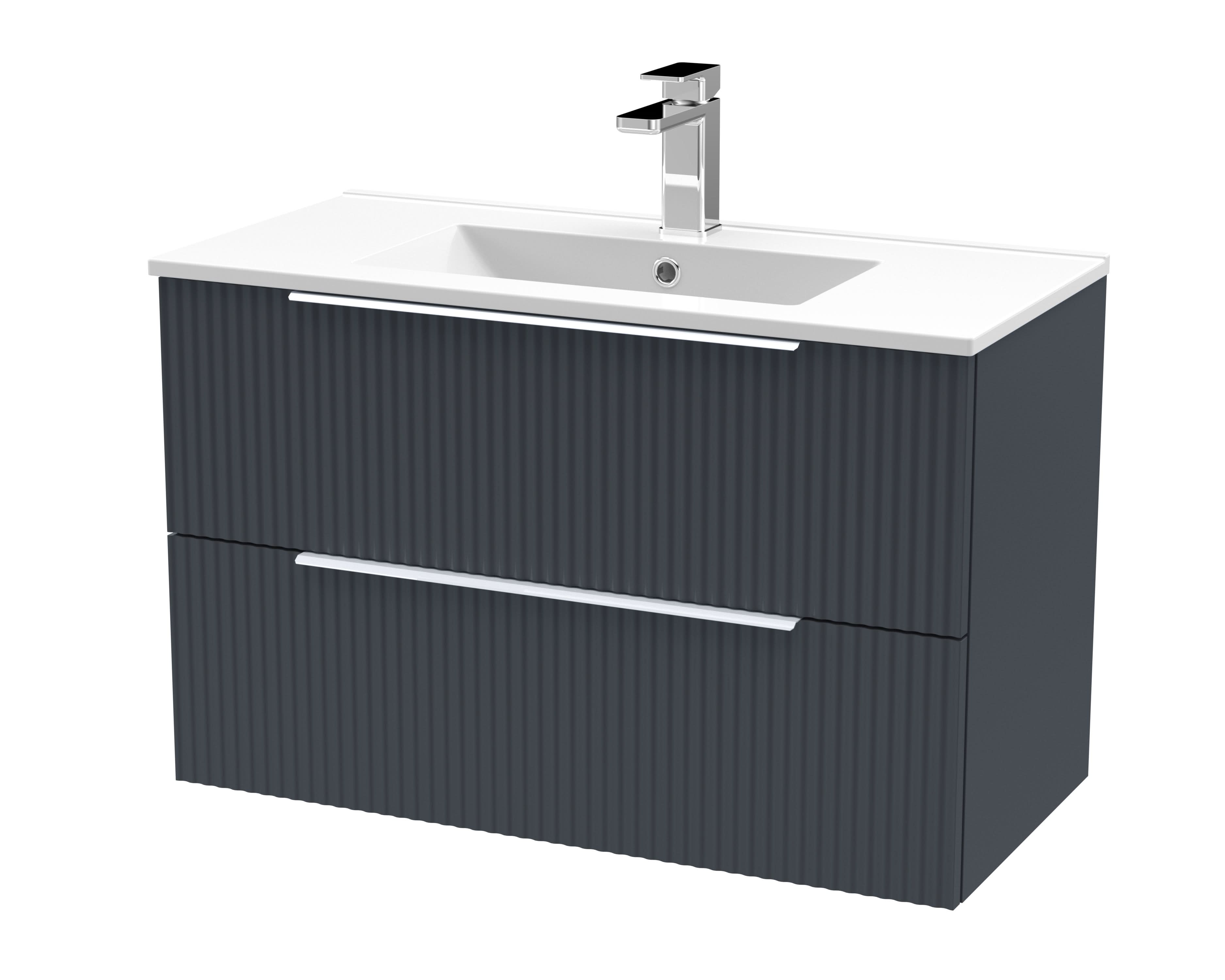 Hudson Reed Fluted Wall Hung 2-Drawer Vanity and Minimalist Basin, Contemporary Sink Vanity Unit, Soft Black, 800mm