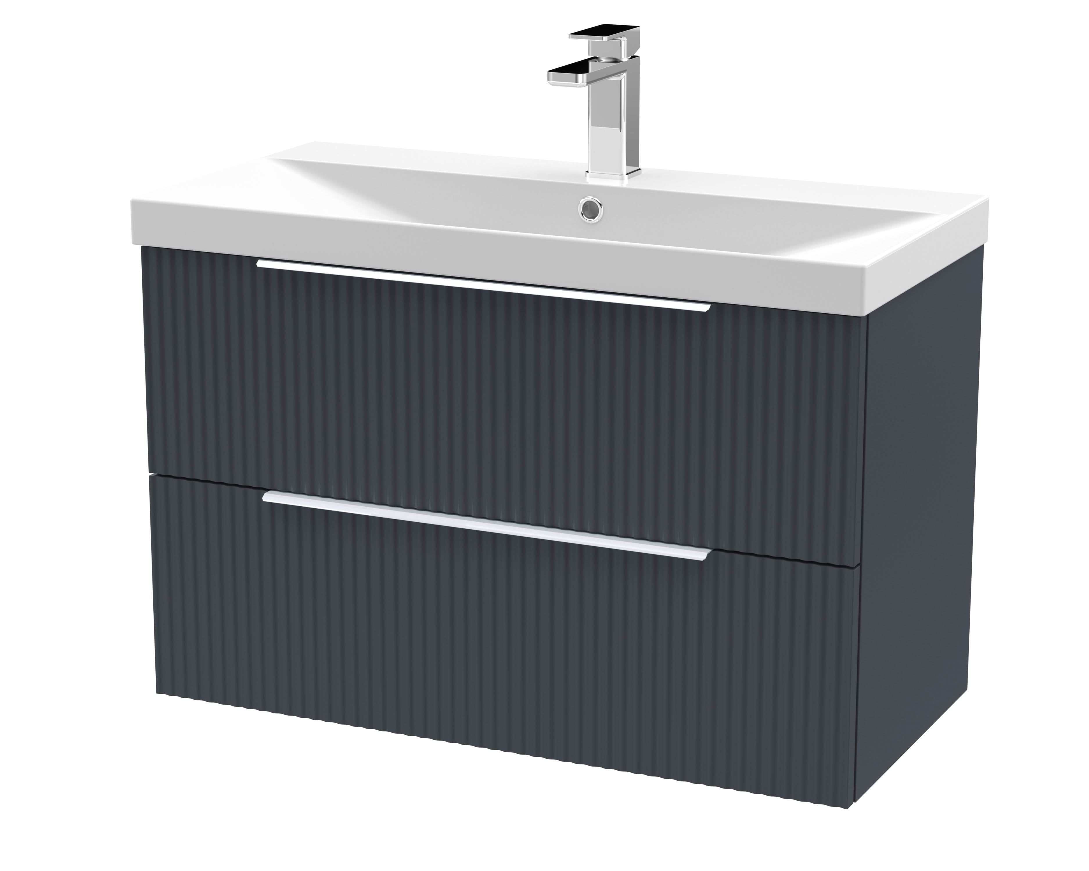 Hudson Reed Fluted Wall Hung 2-Drawer Vanity and Thin-Edge Basin, Contemporary Sink Vanity Unit, Soft Black, 800mm