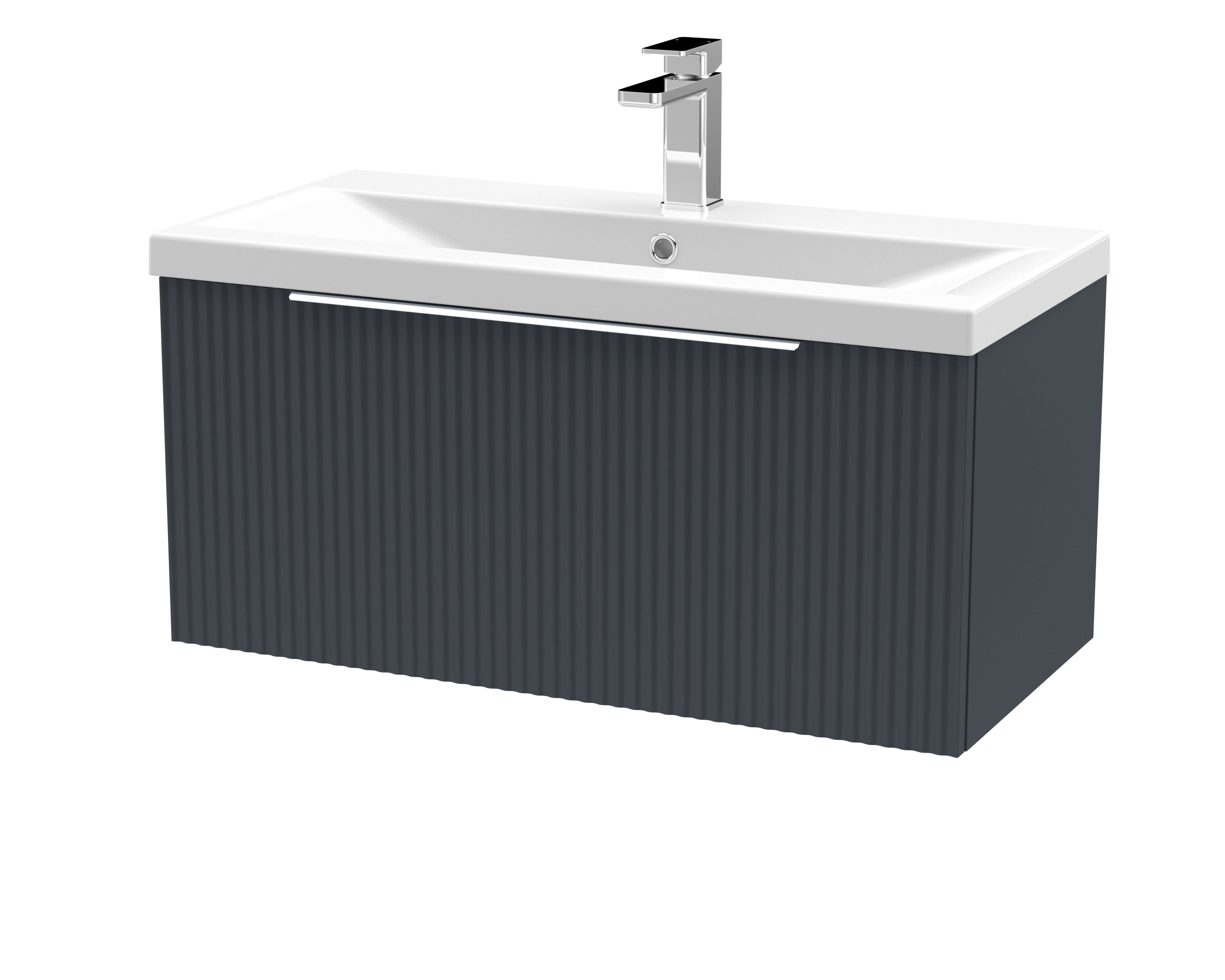 Hudson Reed Fluted Wall Hung 1-Drawer Vanity and Mid-Edge Basin, Contemporary Sink Vanity Unit, Soft Black, 800mm