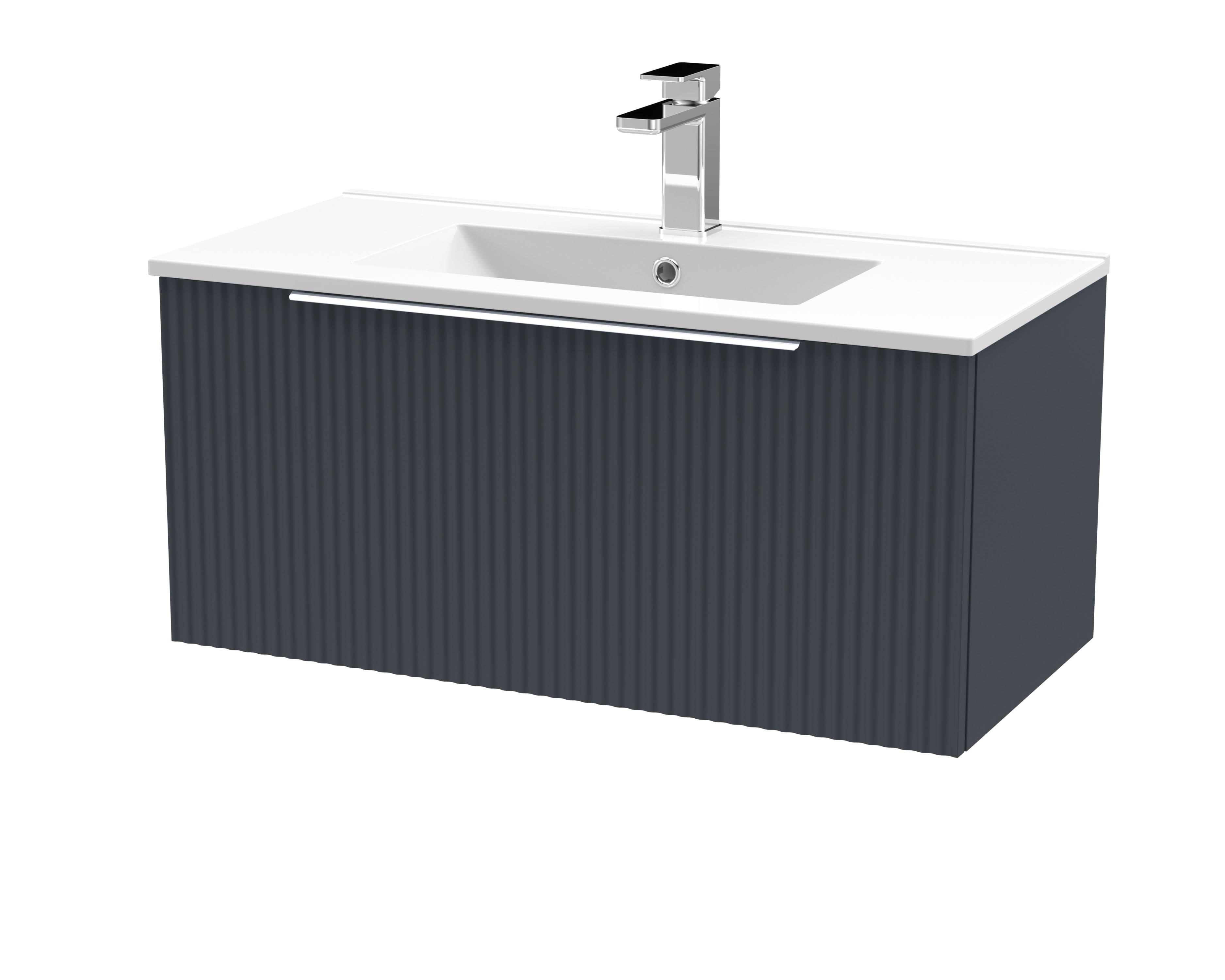 Hudson Reed Fluted Wall Hung 1-Drawer Vanity and Minimalist Basin, Contemporary Sink Vanity Unit, Soft Black, 800mm