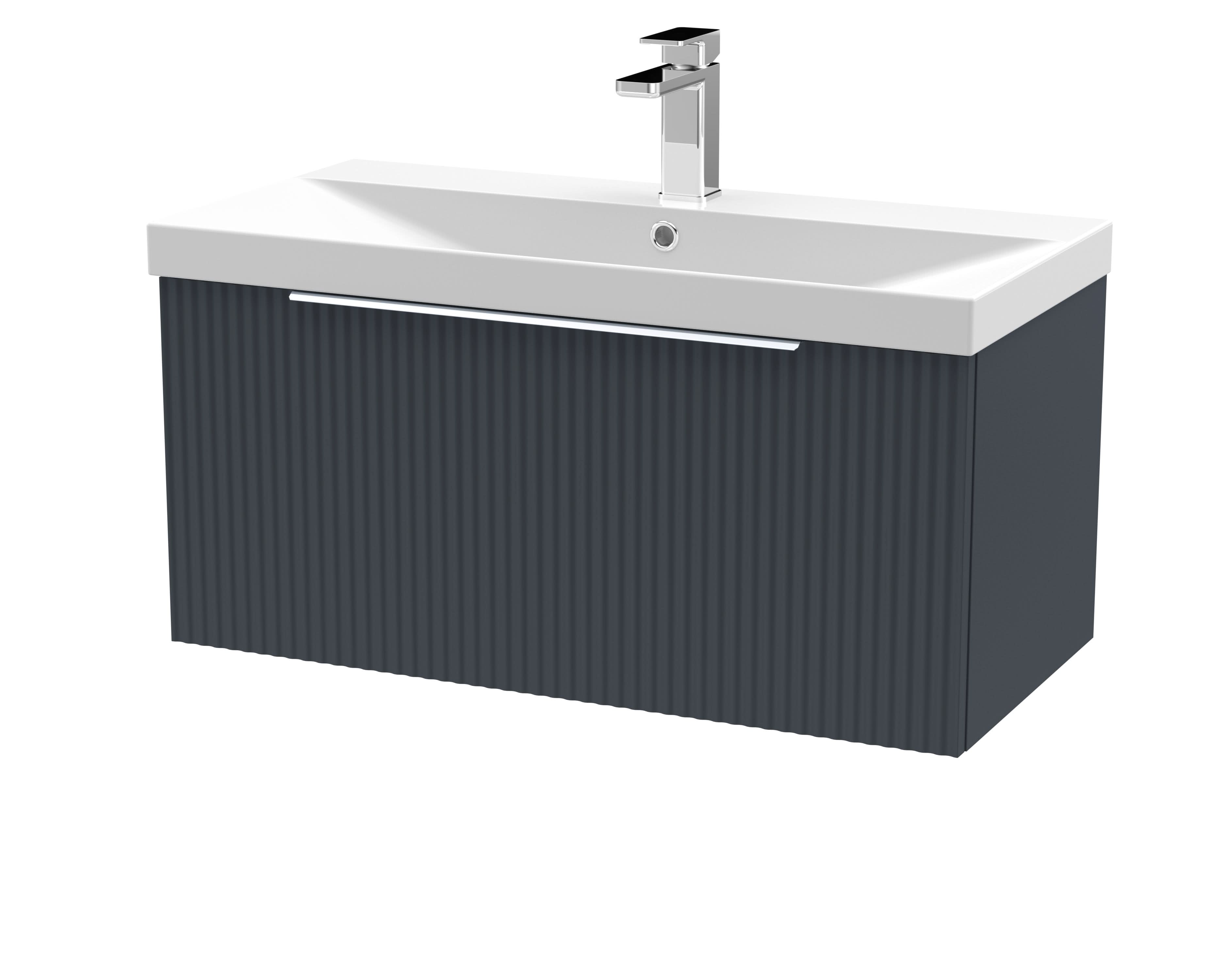Hudson Reed Fluted Wall Hung 1-Drawer Vanity and Thin-Edge Basin, Contemporary Sink Vanity Unit, Soft Black, 800mm