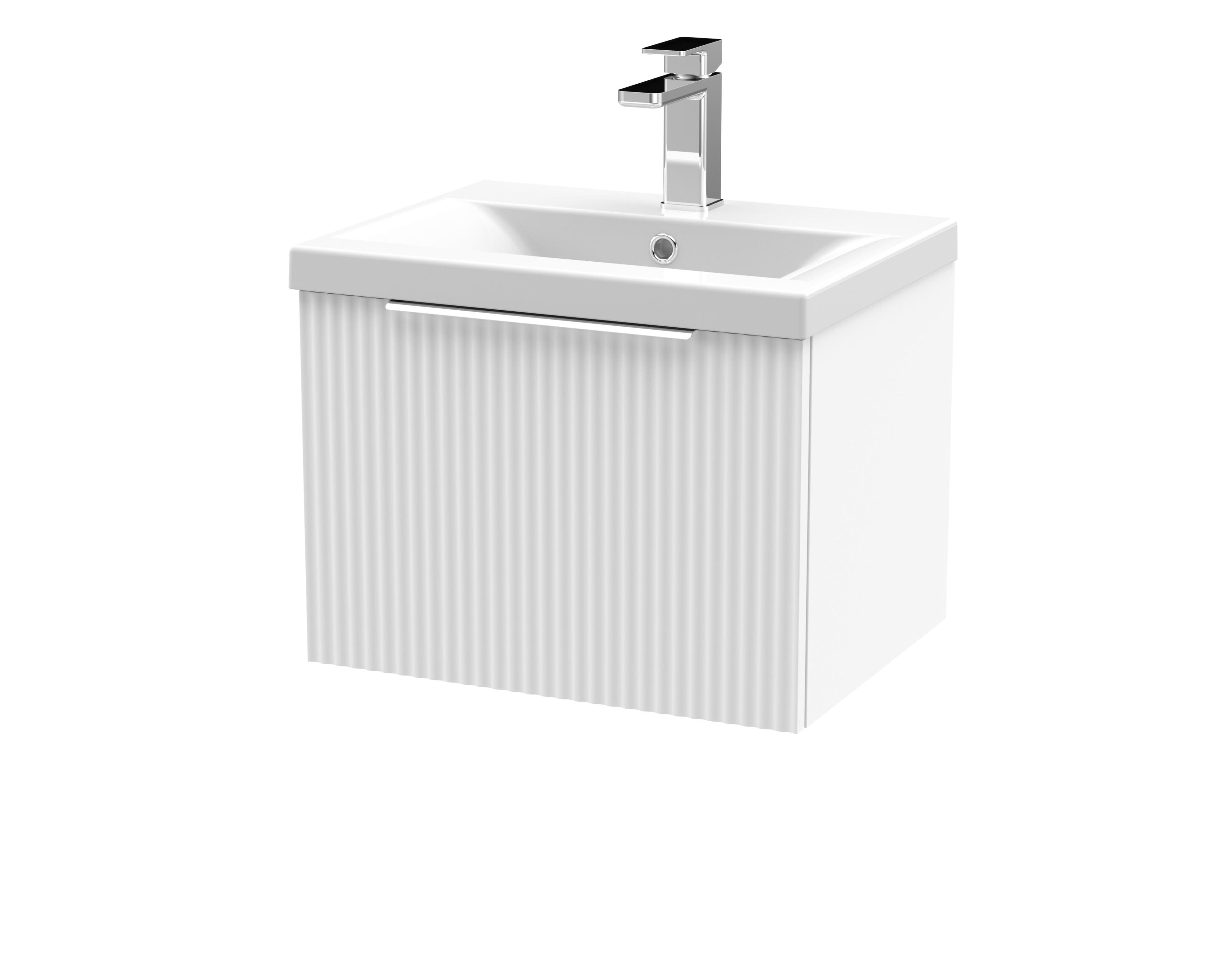 Hudson Reed Fluted Wall Hung 1-Drawer Vanity and Mid-Edge Basin, Contemporary Sink Vanity Unit, Satin White, 500mm