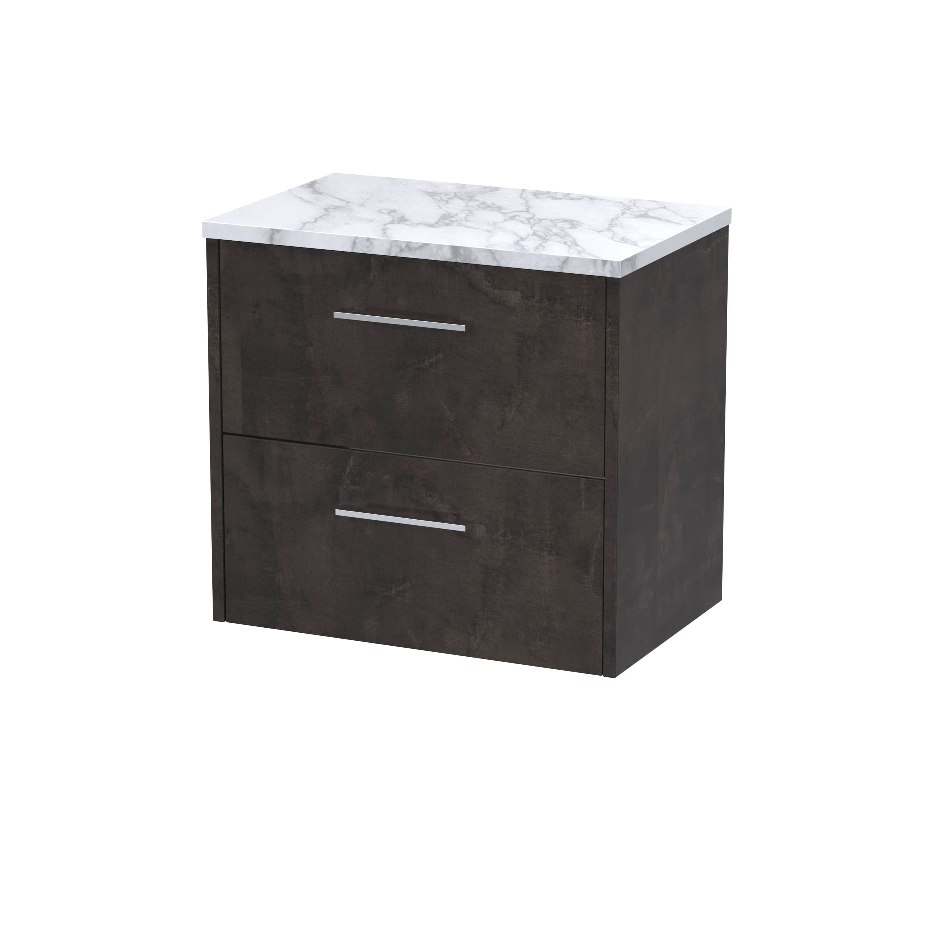 Hudson Reed Juno Wall Hung 2-Drawer Vanity Unit & Carrera Marble Worktop, Countertop Basin Unit in Metallic Slate, 600mm
