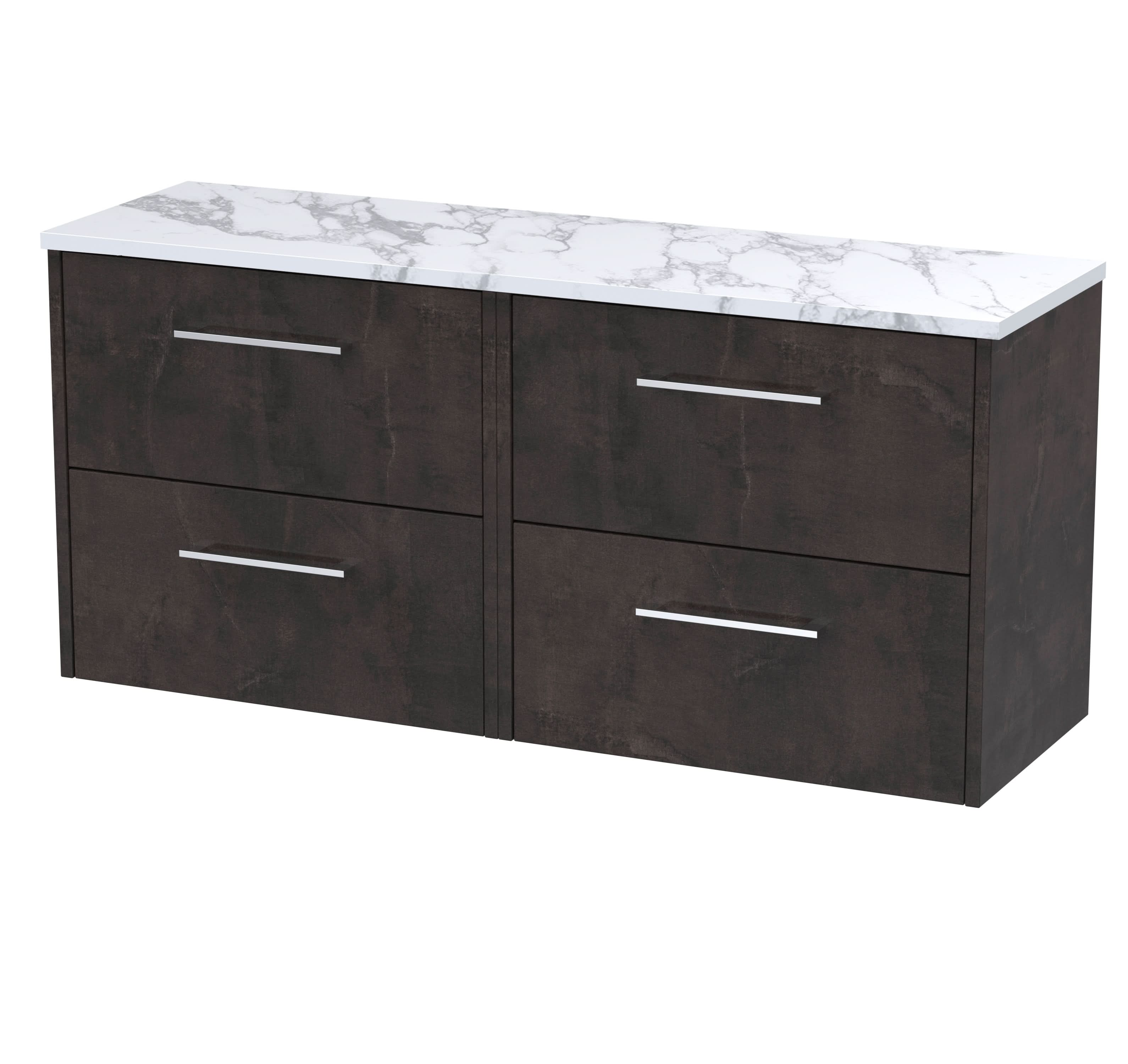 Hudson Reed Juno Wall Hung 4-Drawer Vanity Unit & Carrera Marble Worktop, Countertop Basin Unit in Metallic Slate, 1200mm