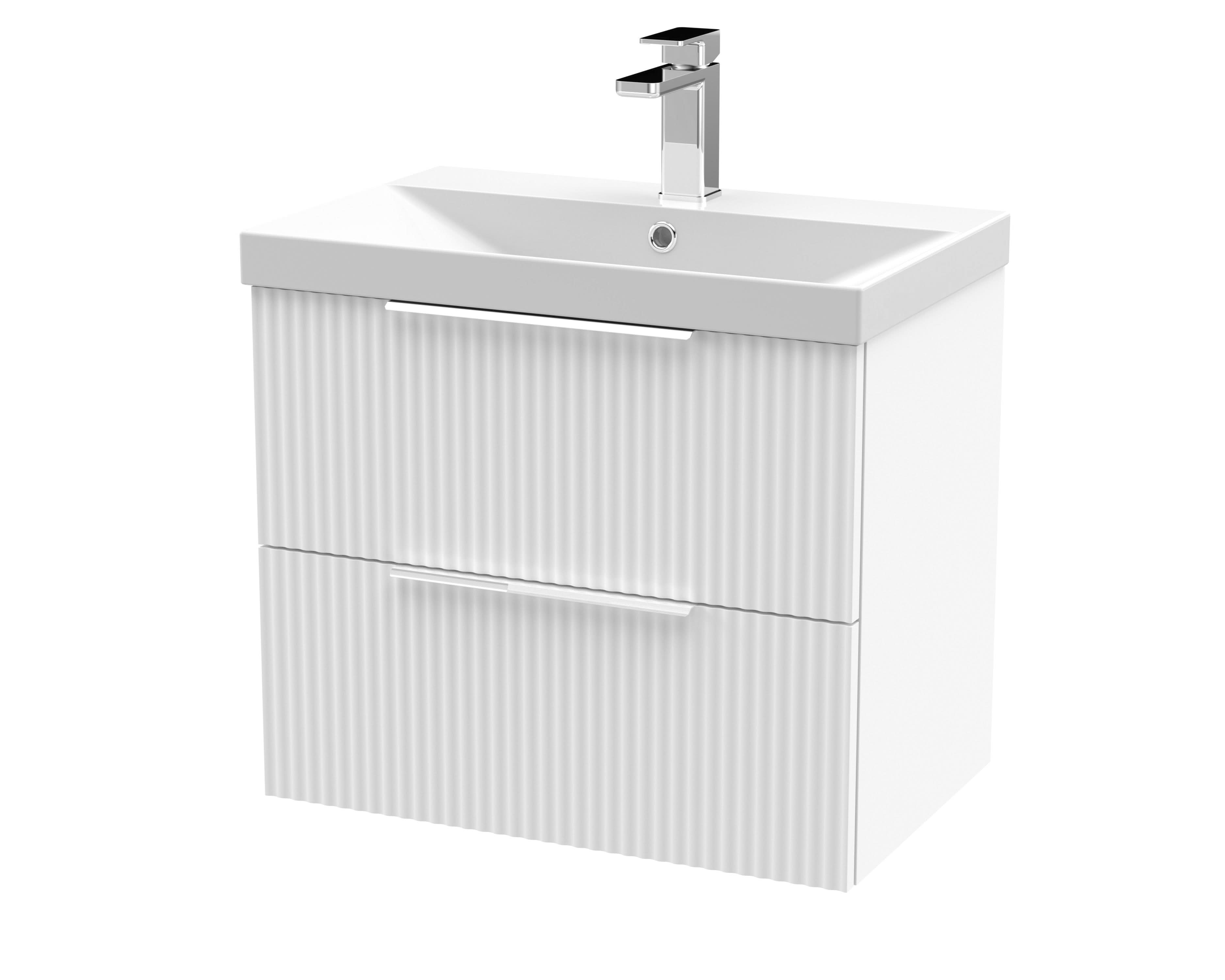 Hudson Reed Fluted Wall Hung 2-Drawer Vanity and Thin-Edge Basin, Contemporary Sink Vanity Unit, Satin White, 600mm