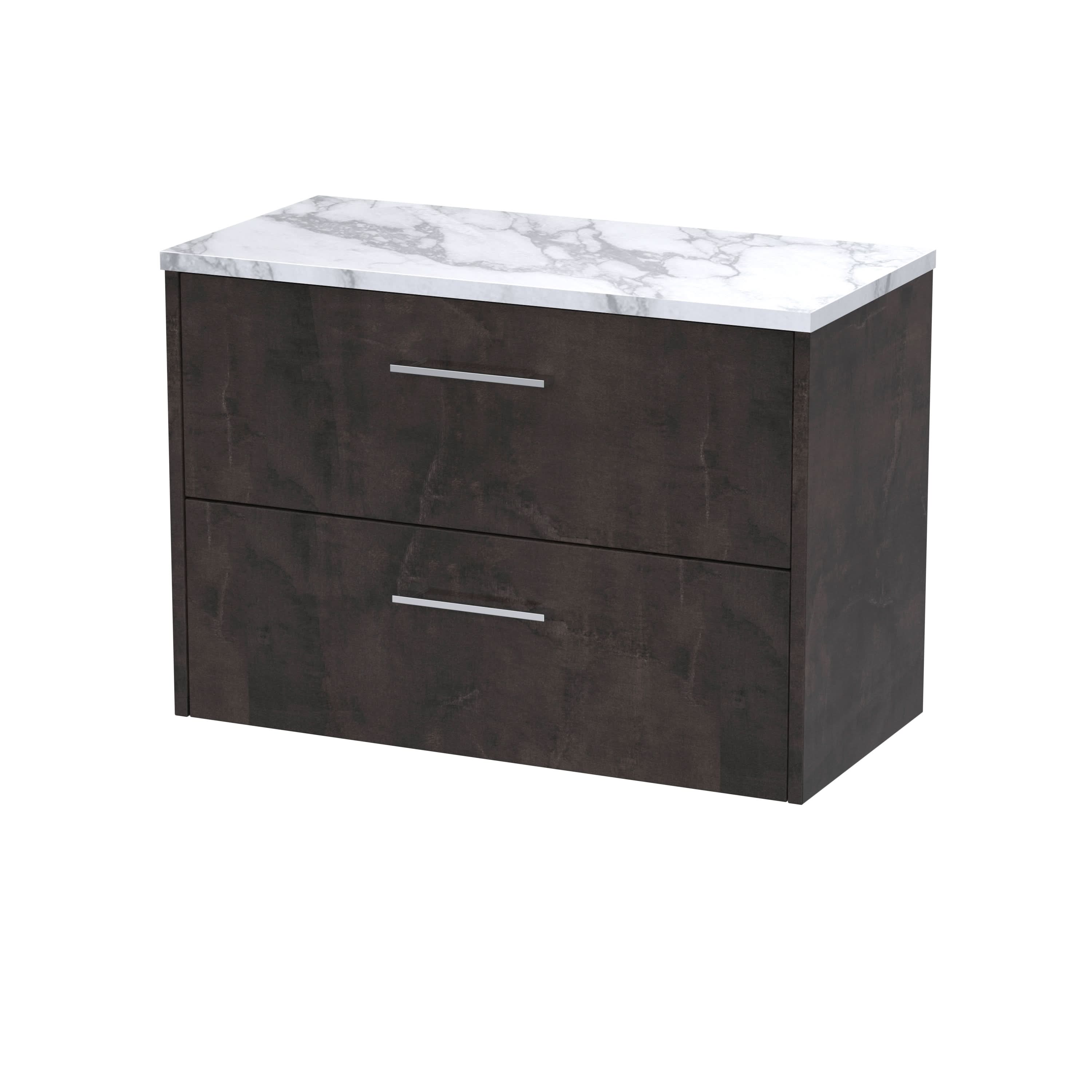 Hudson Reed Juno Wall Hung 2-Drawer Vanity Unit & Carrera Marble Worktop, Countertop Basin Unit in Metallic Slate, 800mm