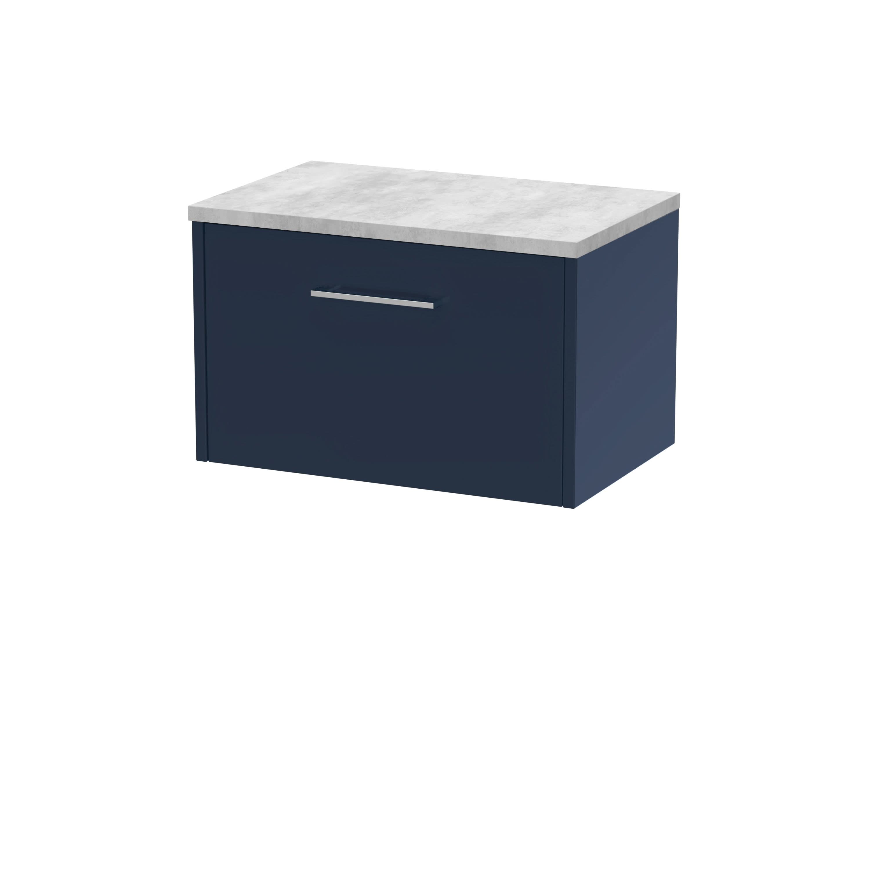 Hudson Reed Juno Wall Hung Counter Top Vanity Unit with Soft Close Drawer, White Marble Laminate Worktop in Luxury Modern Midnight Blue Matt Finish, 600mm