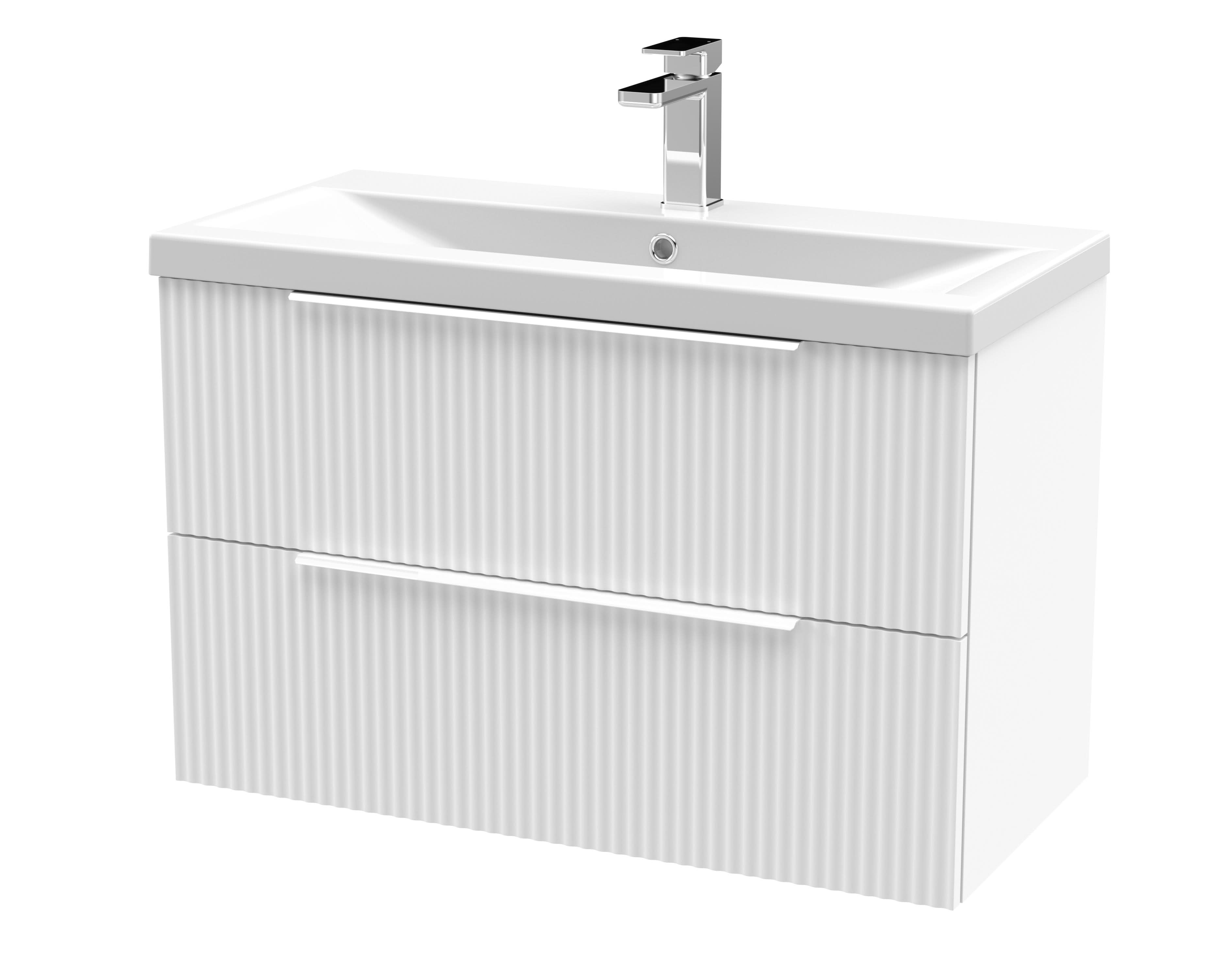 Hudson Reed Fluted Wall Hung 2-Drawer Vanity and Mid-Edge Basin, Contemporary Sink Vanity Unit, Satin White, 800mm
