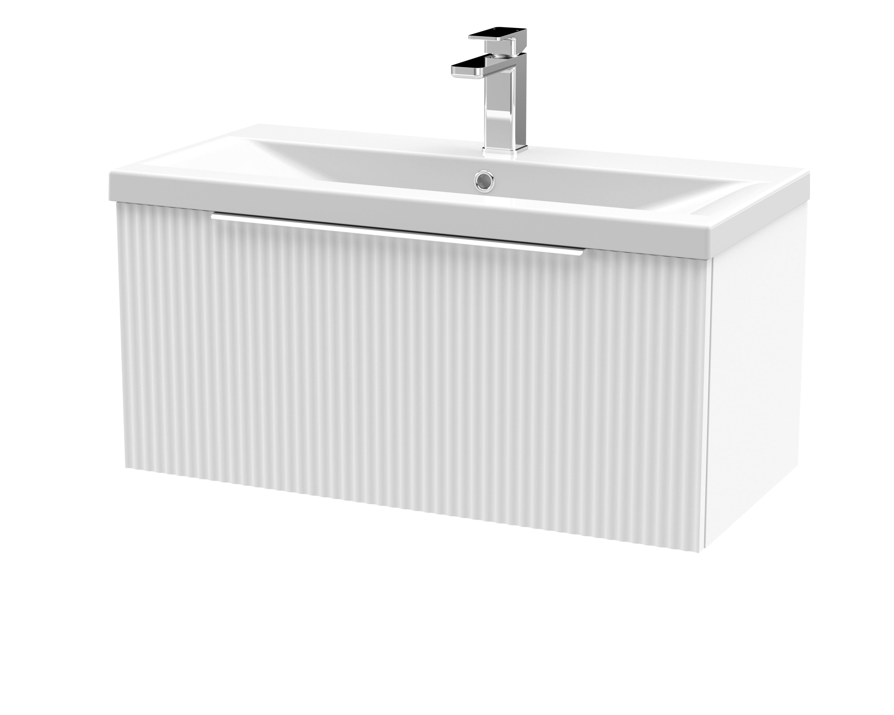 Hudson Reed Fluted Wall Hung 1-Drawer Vanity and Mid-Edge Basin, Contemporary Sink Vanity Unit, Satin White, 800mm
