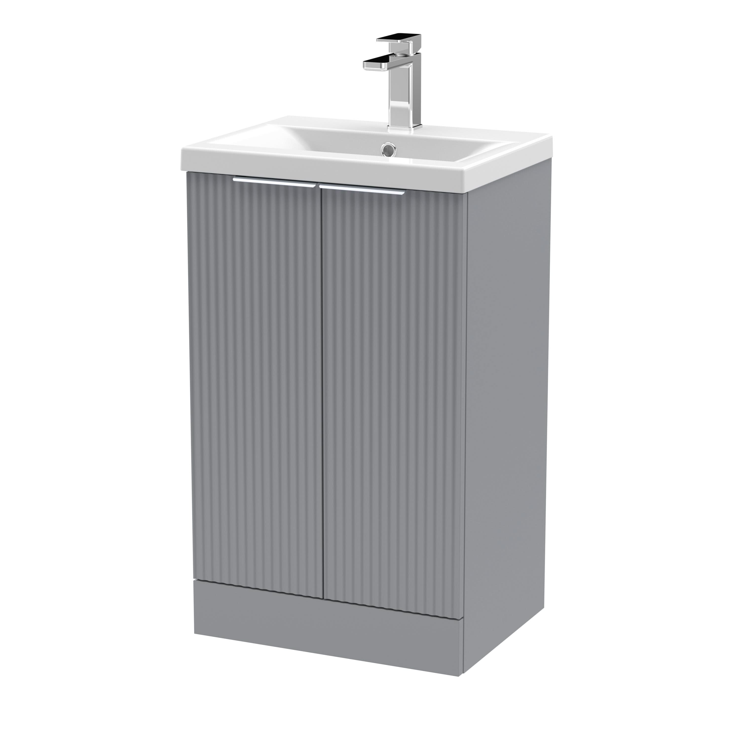 Hudson Reed Fluted Floor Standing 2-Door Vanity and Mid-Edge Basin, Contemporary Sink Vanity Unit, Satin Grey, 500mm