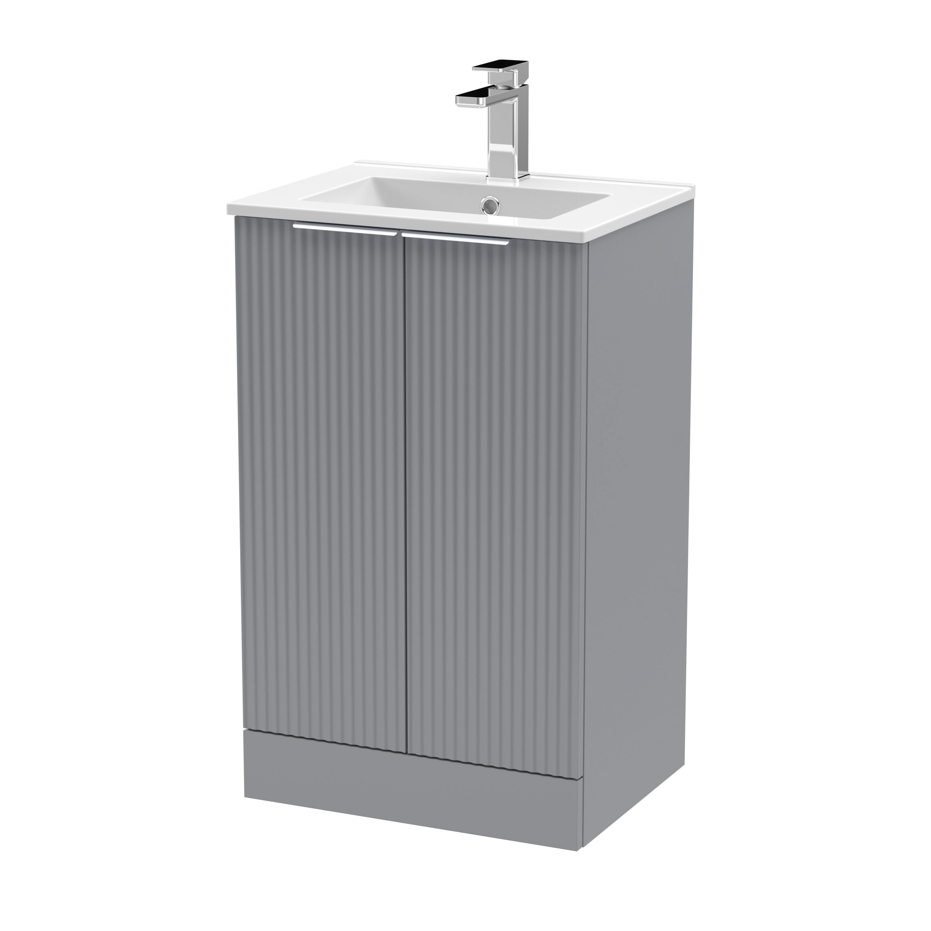 Hudson Reed Fluted Floor Standing 2-Door Vanity and Minimalist Basin, Contemporary Sink Vanity Unit, Satin Grey, 500mm