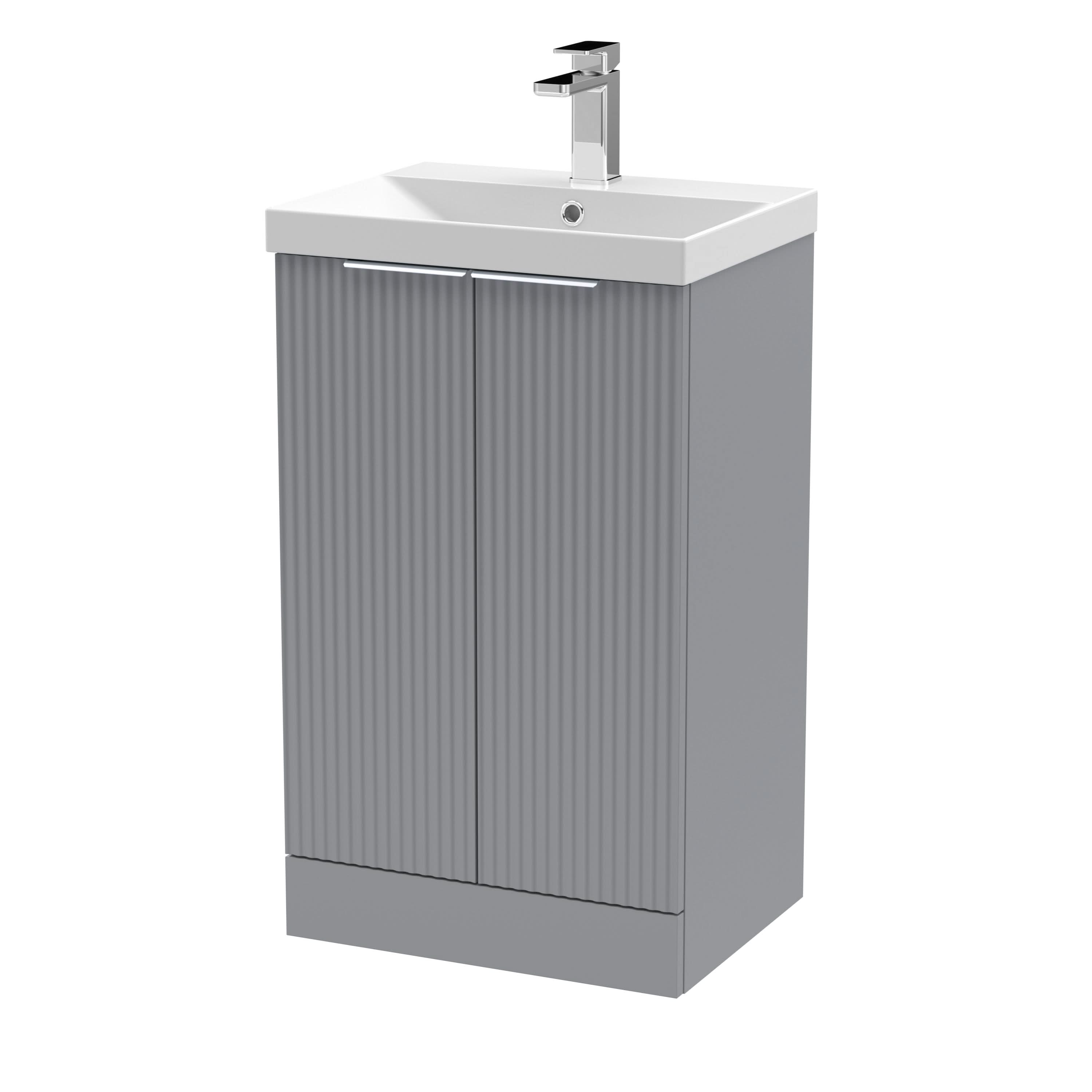 Hudson Reed Fluted Floor Standing 2-Door Vanity and Thin-Edge Basin, Contemporary Sink Vanity Unit, Satin Grey, 500mm