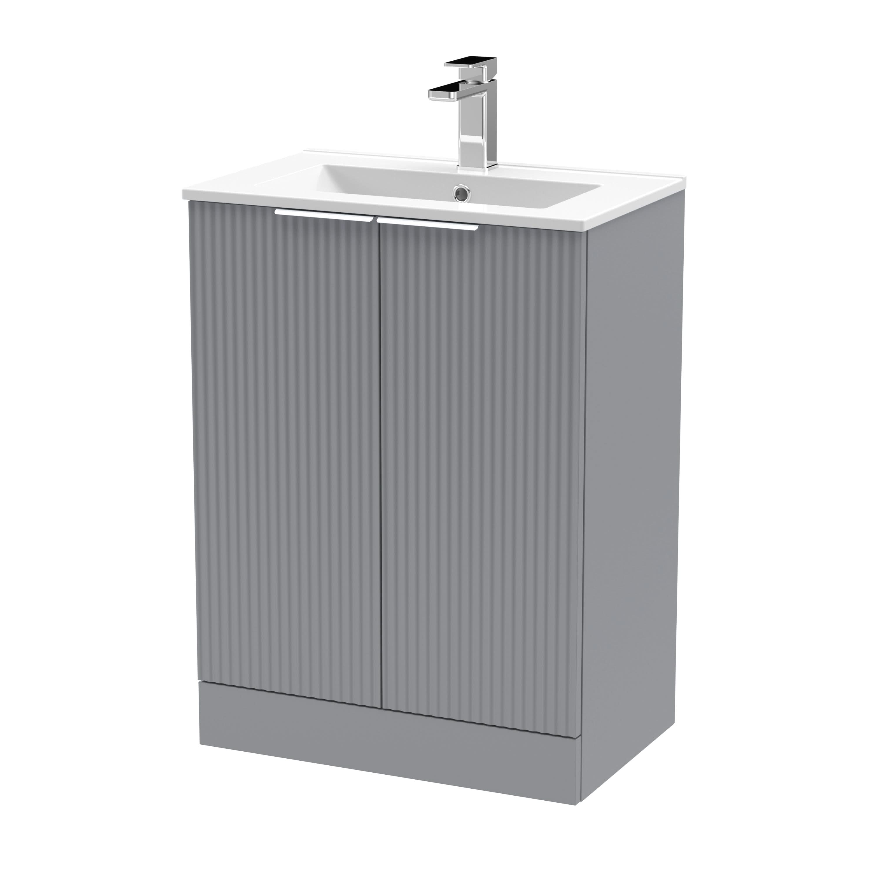 Hudson Reed Fluted Floor Standing 2-Door Vanity and Minimalist Basin, Contemporary Sink Vanity Unit, Satin Grey, 600mm