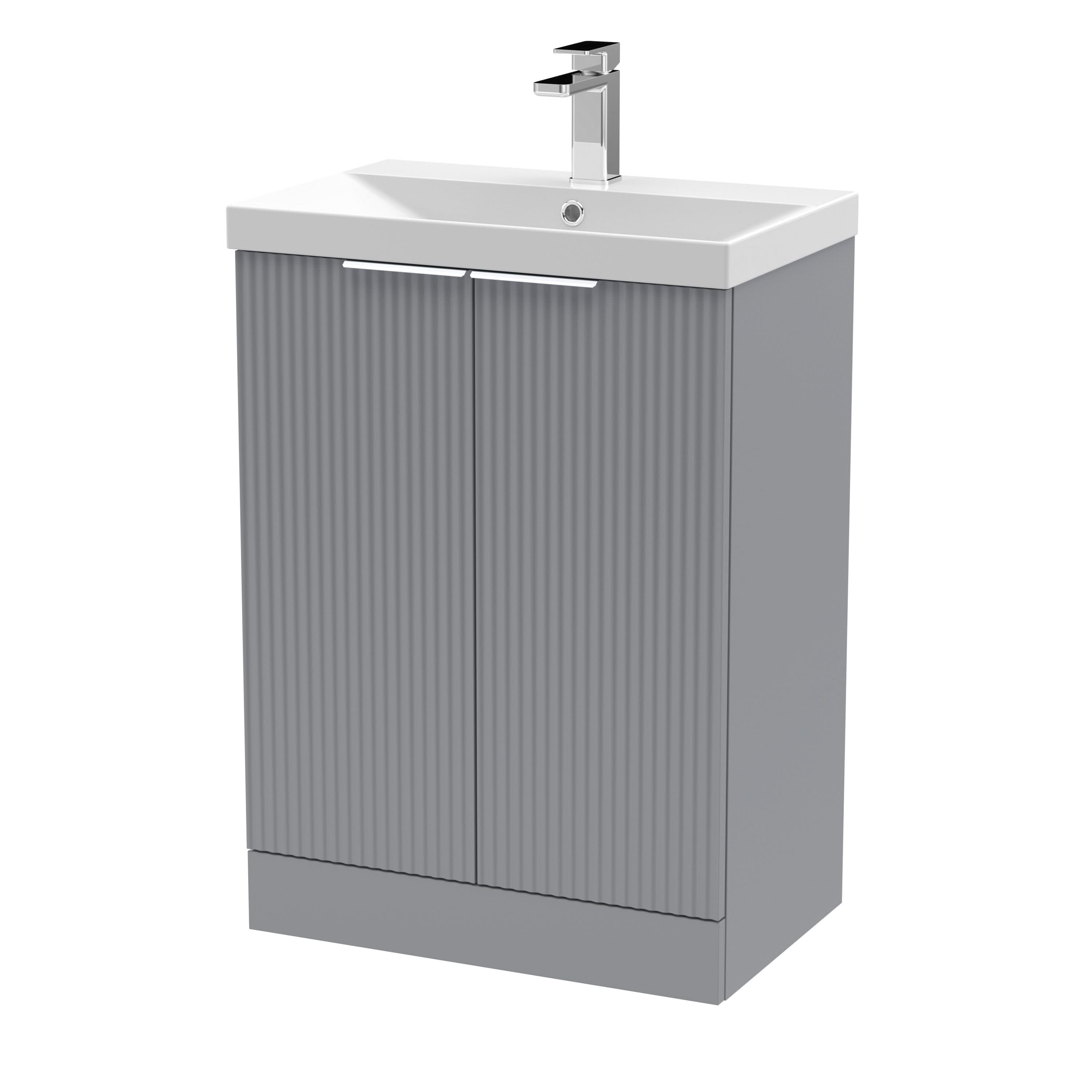 Hudson Reed Fluted Floor Standing 2-Door Vanity and Thin-Edge Basin, Contemporary Sink Vanity Unit, Satin Grey, 600mm