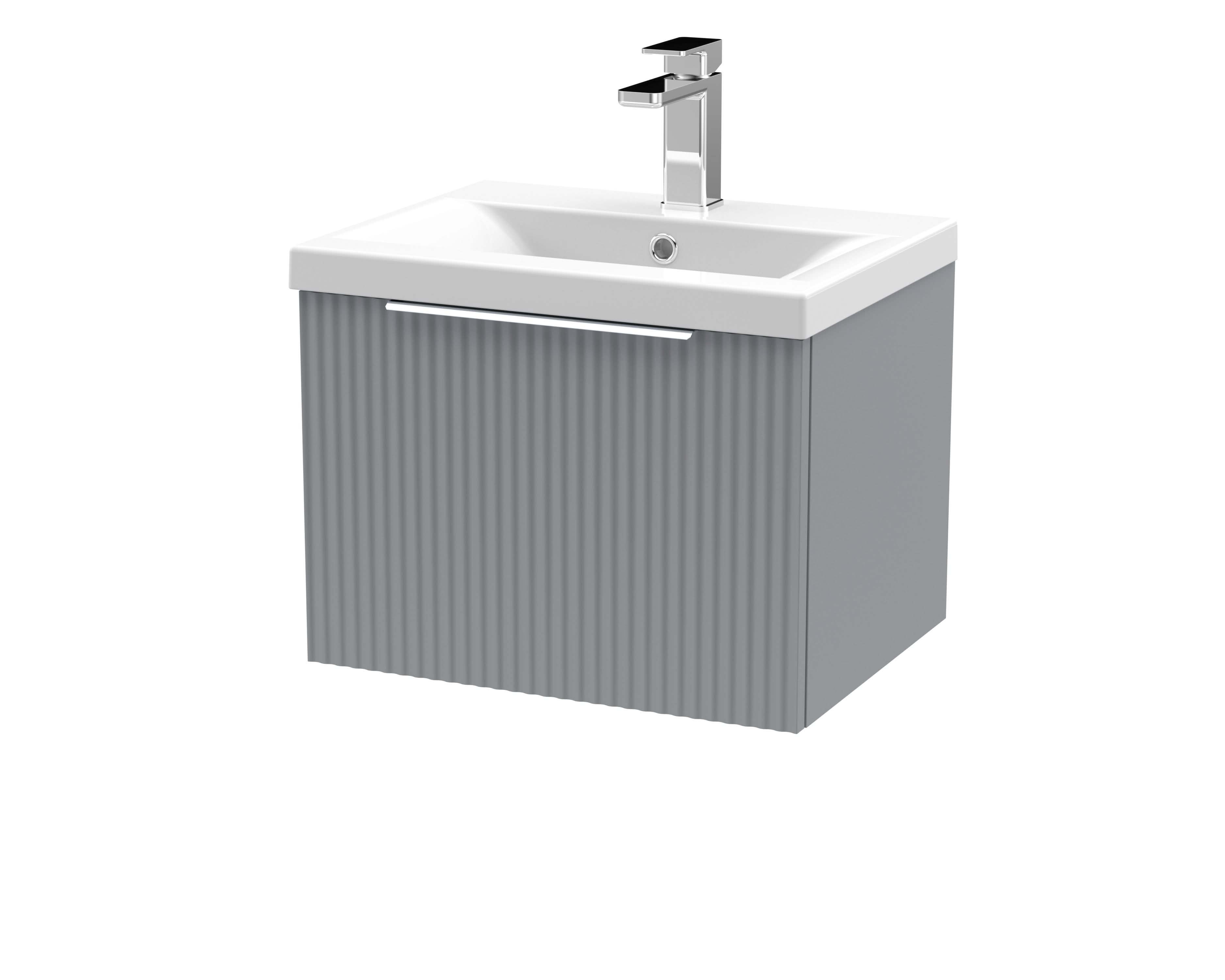 Hudson Reed Fluted Wall Hung 1-Drawer Vanity and Mid-Edge Basin, Contemporary Sink Vanity Unit, Satin Grey, 500mm