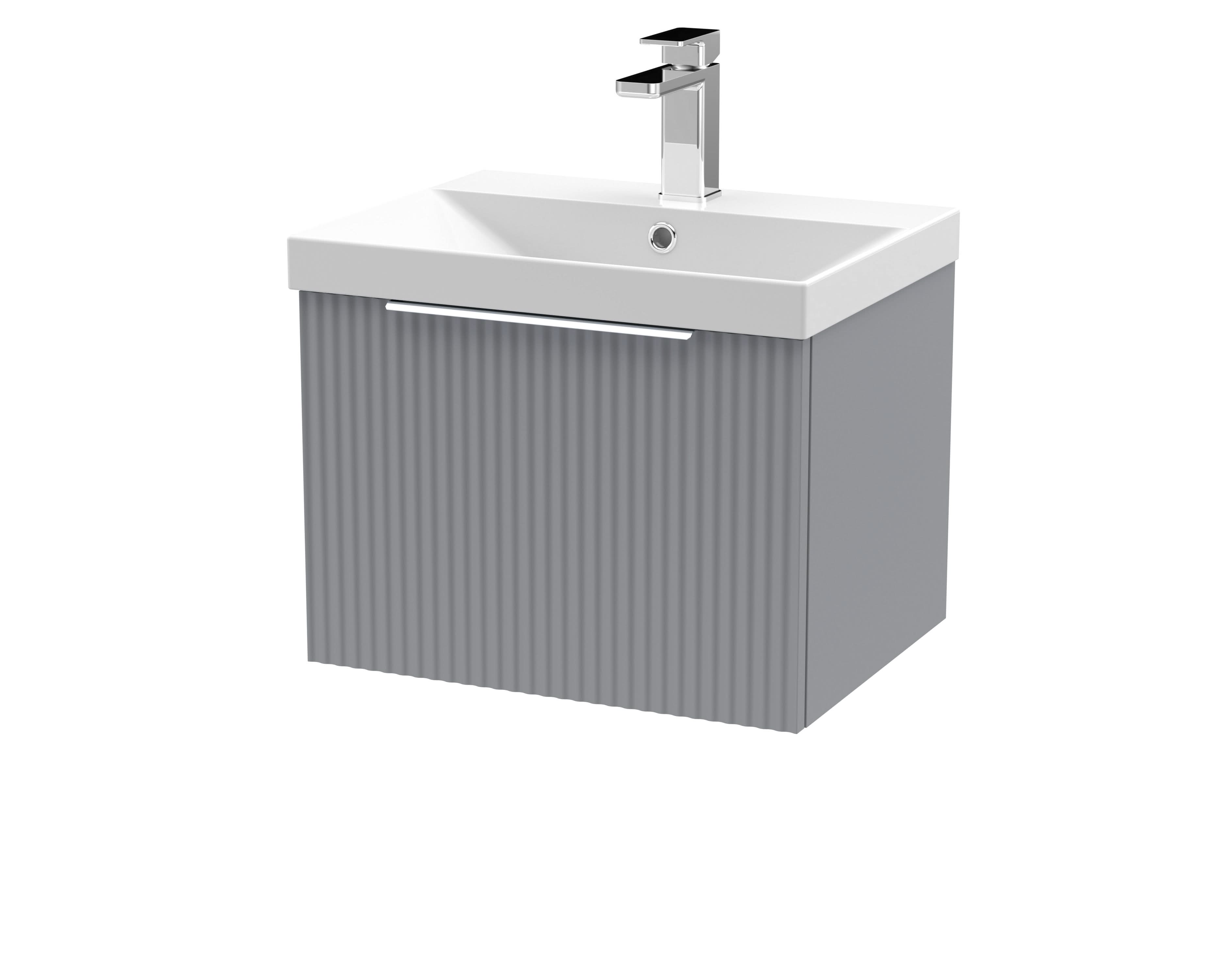 Hudson Reed Fluted Wall Hung 1-Drawer Vanity and Thin-Edge Basin, Contemporary Sink Vanity Unit, Satin Grey, 500mm